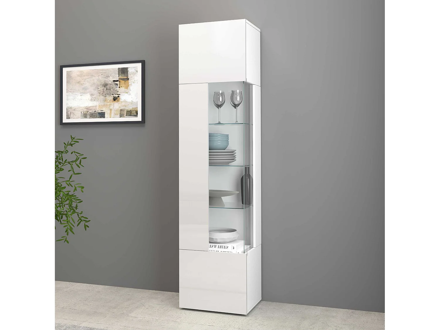 Vetrinetta espositiva Egypt con 1 anta e 5 ripiani bianco lucido 45x34x190 cm