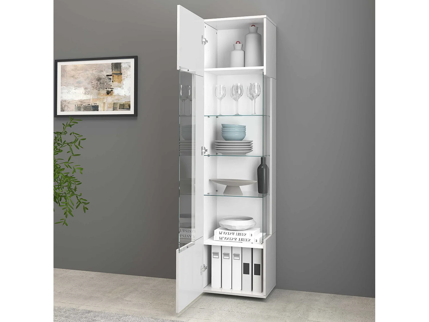 Vetrinetta espositiva Egypt con 1 anta e 5 ripiani bianco lucido 45x34x190 cm