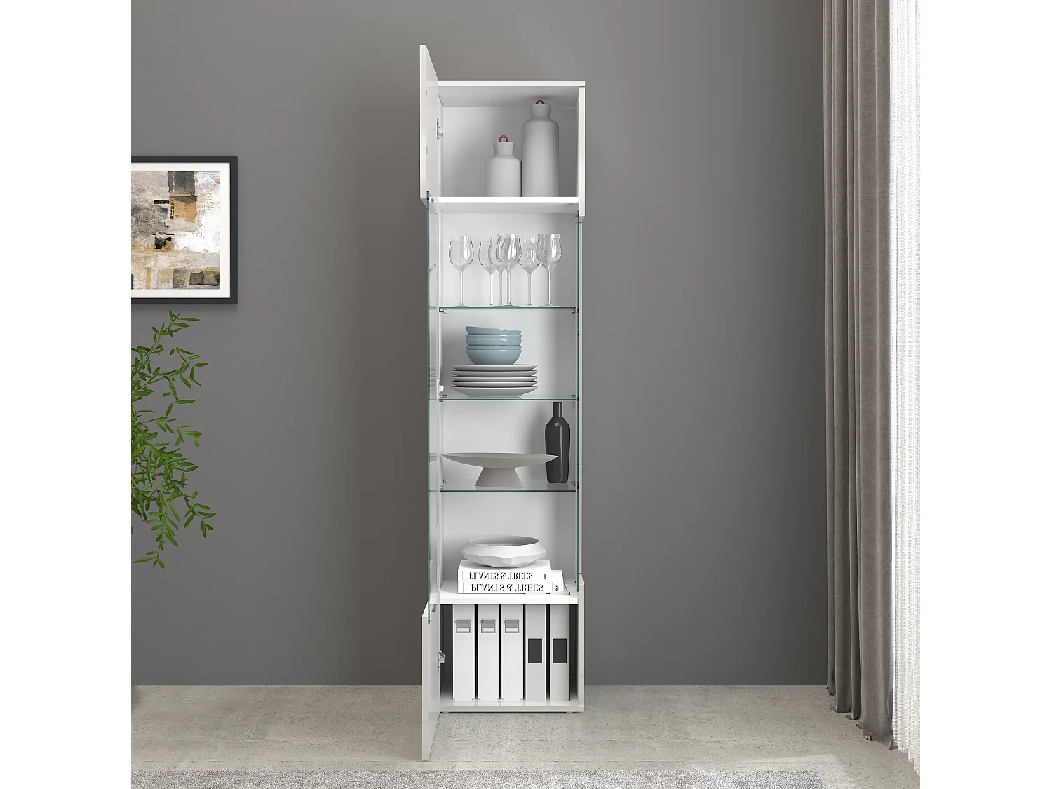 Vetrinetta espositiva Egypt con 1 anta e 5 ripiani bianco lucido 45x34x190 cm
