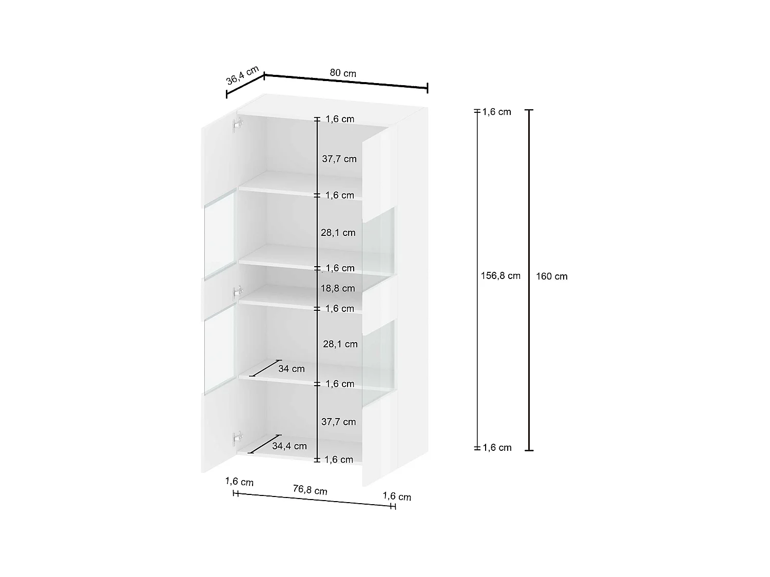Vetrinetta espositiva Egypt con 2 ante e 4 ripiani bianco lucido 80x38x160 cm