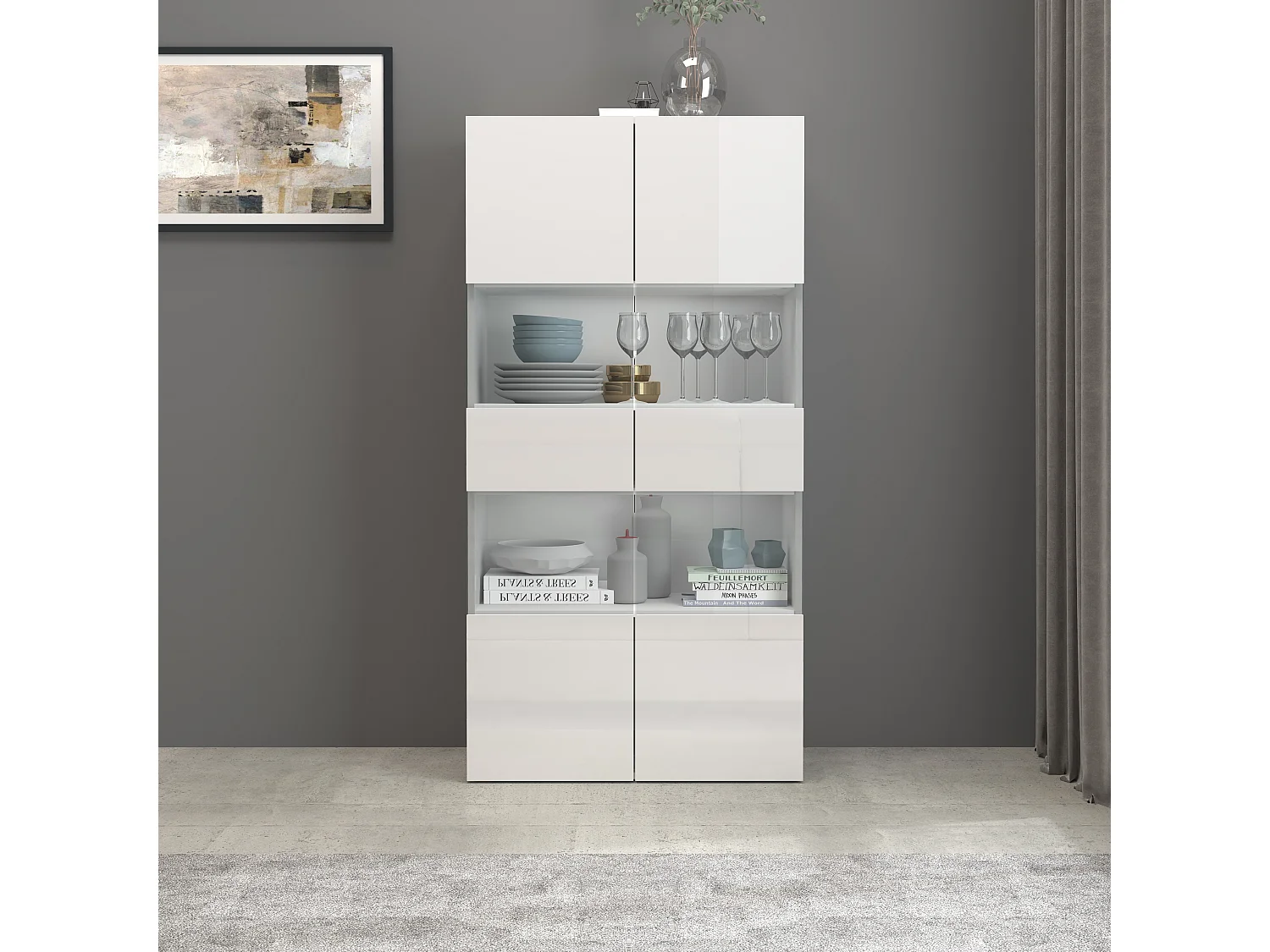 Vitrine Egypt avec 2 portes et 4 étagères blanc brillant 80x38x160 cm