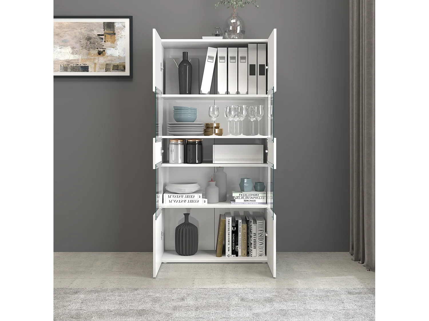 Vitrine Egypt avec 2 portes et 4 étagères blanc brillant 80x38x160 cm
