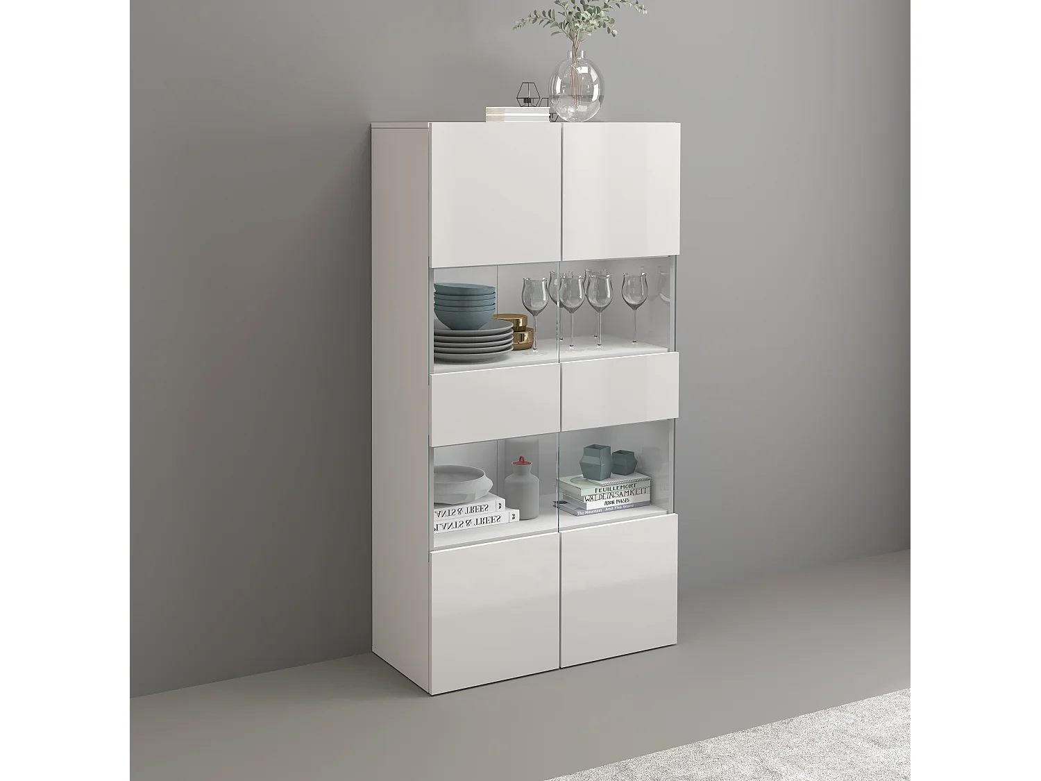 Vitrine Egypt avec 2 portes et 4 étagères blanc brillant 80x38x160 cm