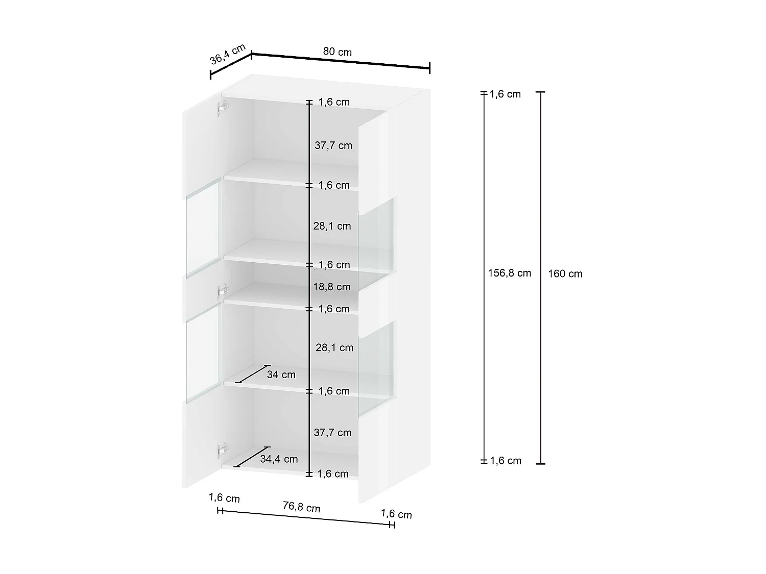 Vitrine Egypt avec 2 portes et 4 étagères blanc brillant 80x38x160 cm