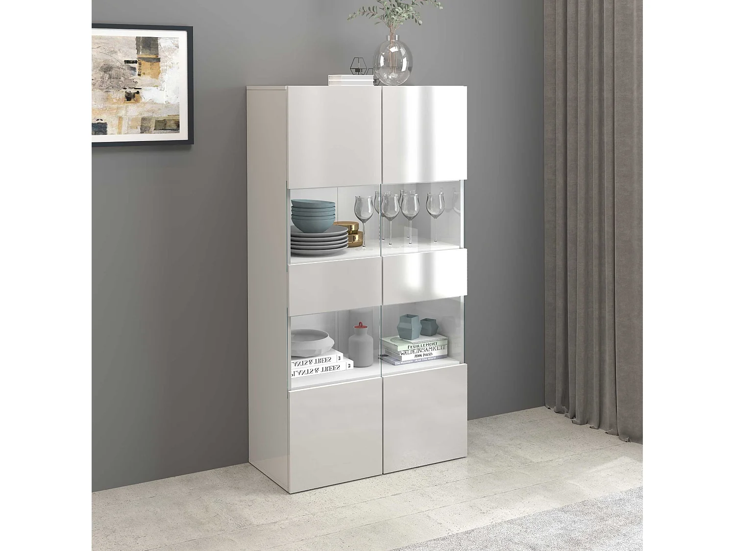 Vitrine Egypt avec 2 portes et 4 étagères blanc brillant 80x38x160 cm