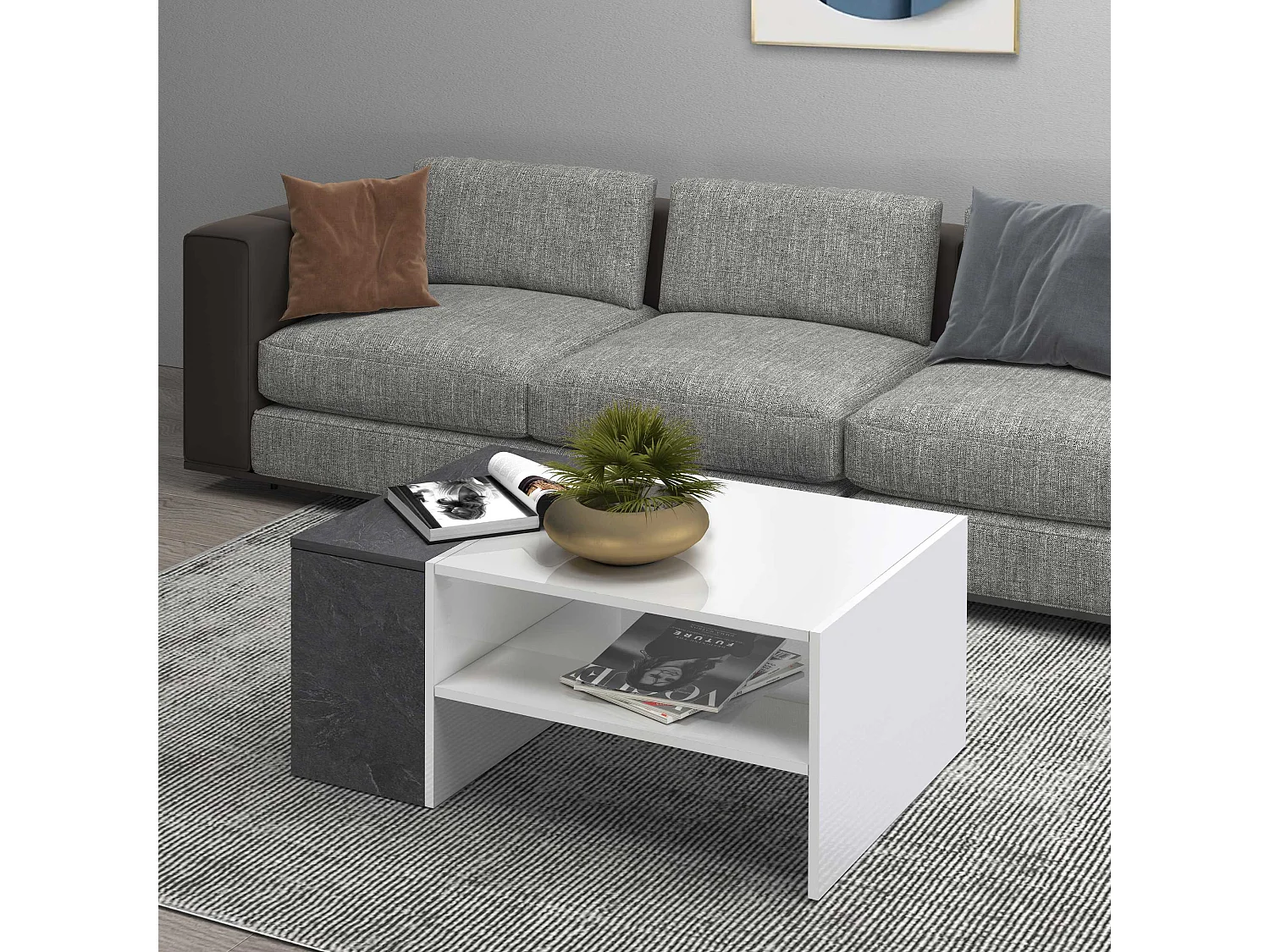 Tavolino da caffè Corona con 1 vano contenitivo bianco e report 90x60x40 cm