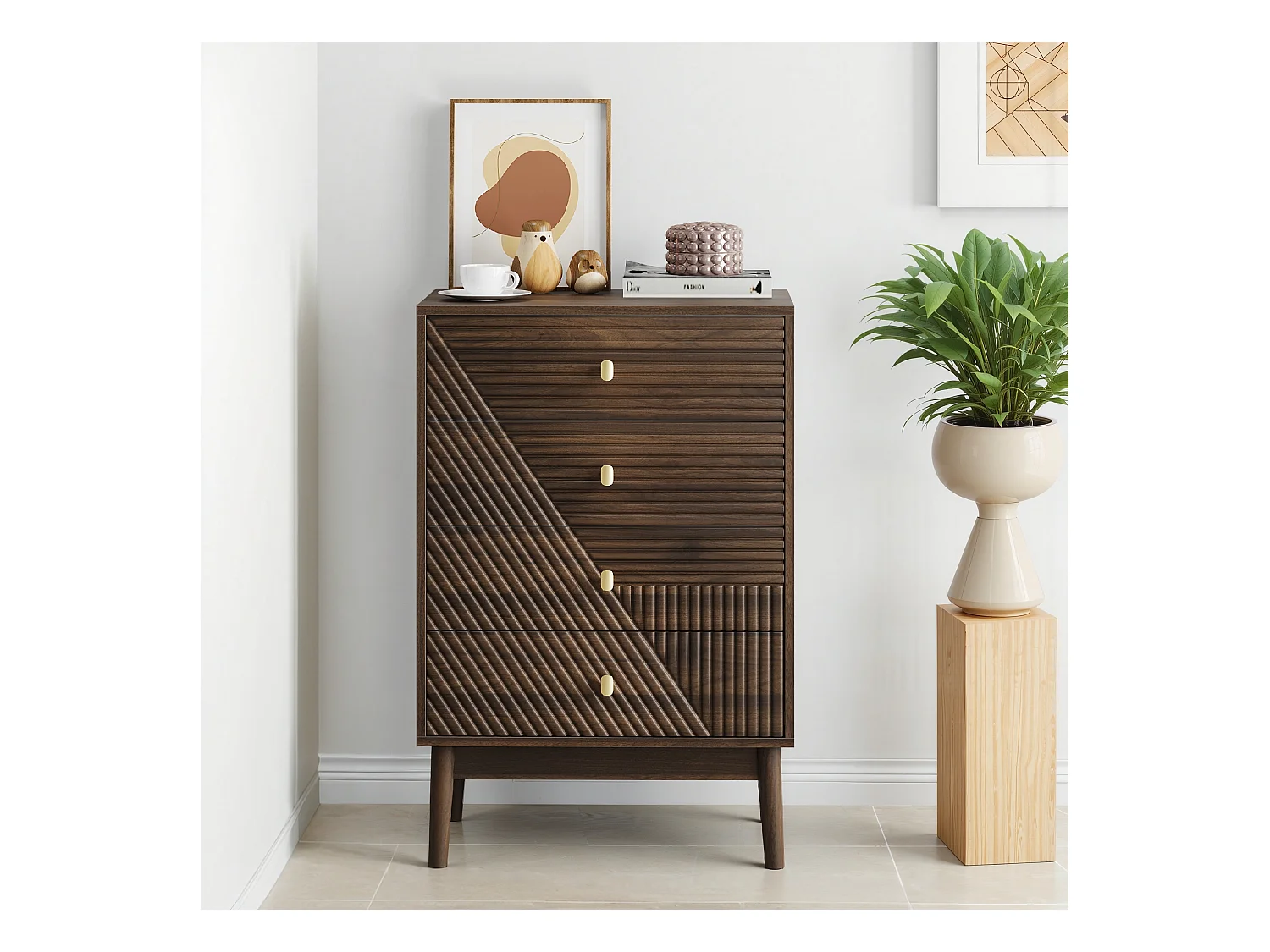 URBAN MEUBLE Commode style rétro 4 tiroirs avec design géométrique