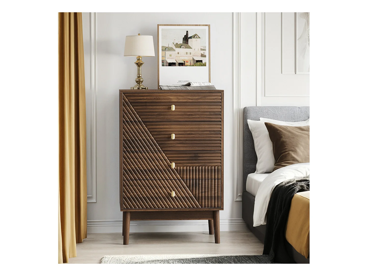 URBAN MEUBLE Commode style rétro 4 tiroirs avec design géométrique