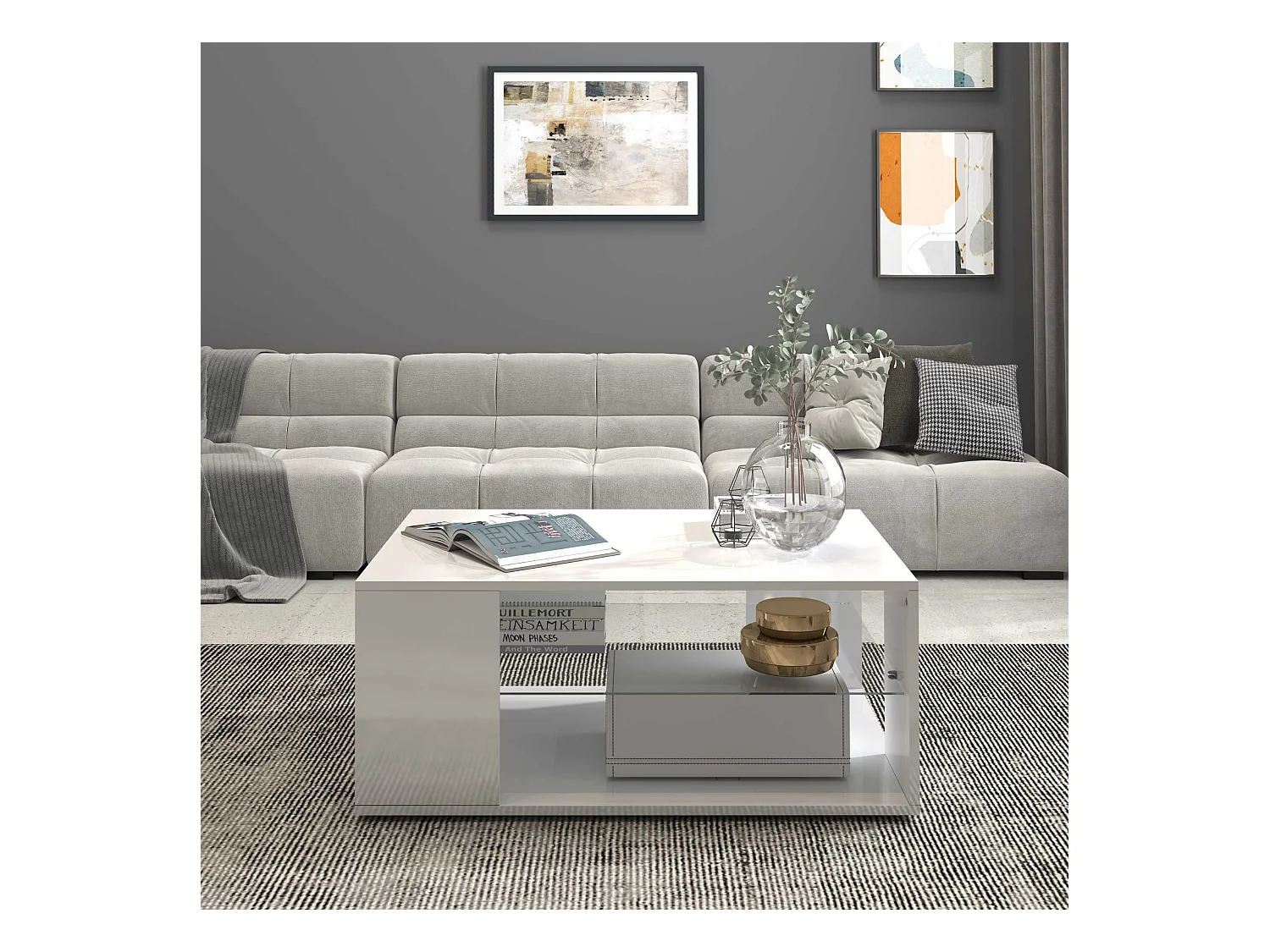 Tavolino da caffè Egypt con ripiano in vetro bianco lucido 90x60x40 cm