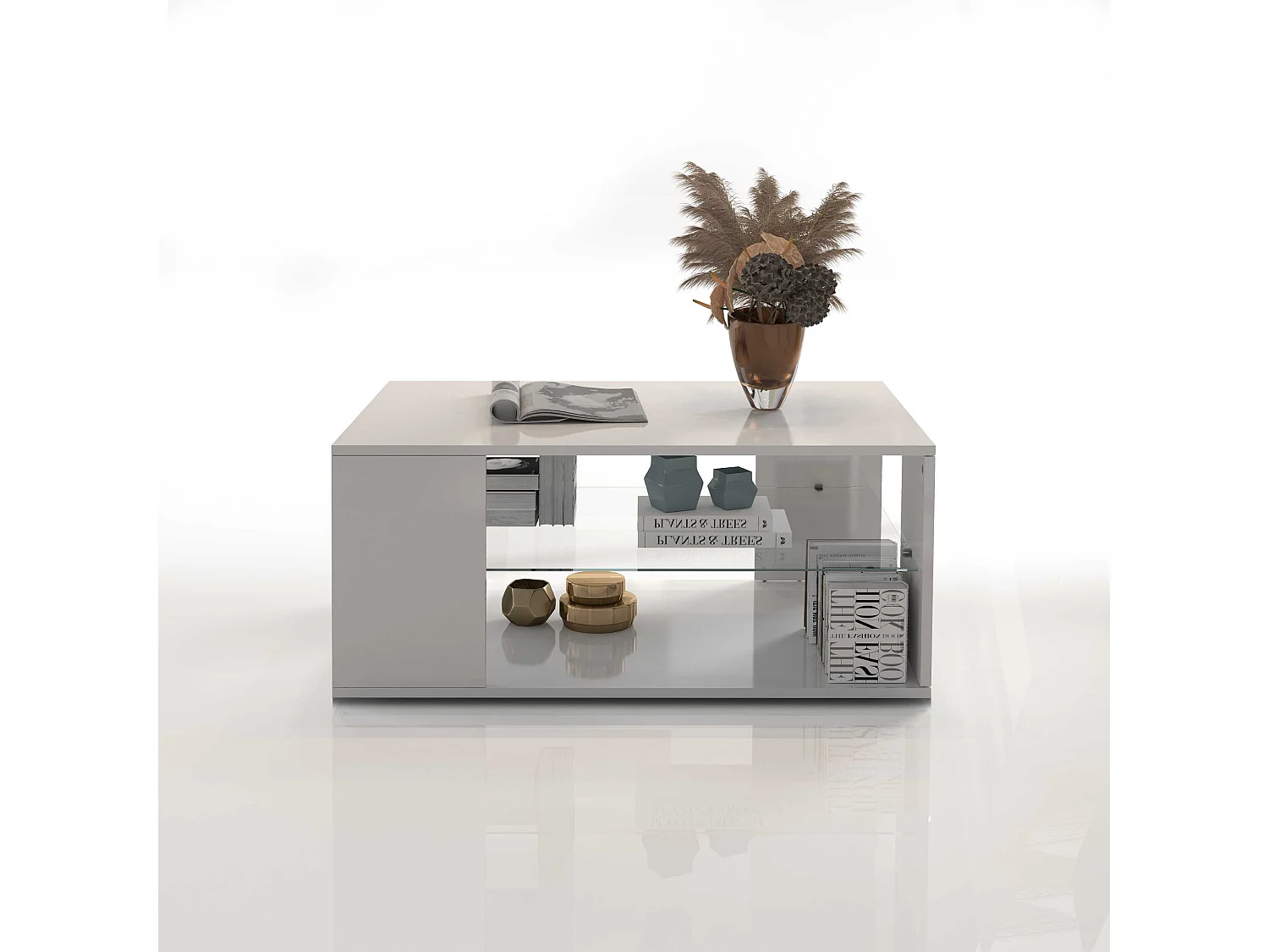 Table basse Egypt avec plateau en verre blanc brillant 90x60x40 cm