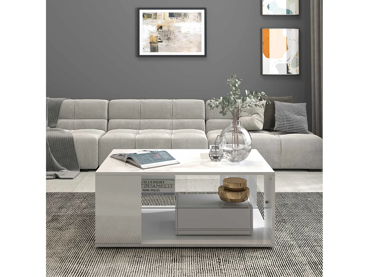 Table basse Egypt avec plateau en verre blanc brillant 90x60x40 cm