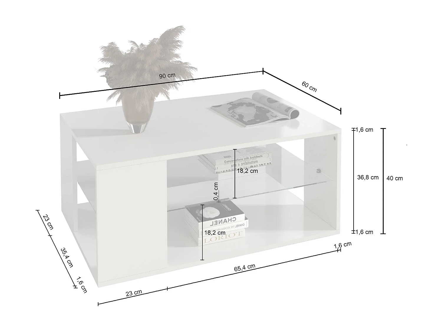 Table basse Egypt avec plateau en verre blanc brillant 90x60x40 cm