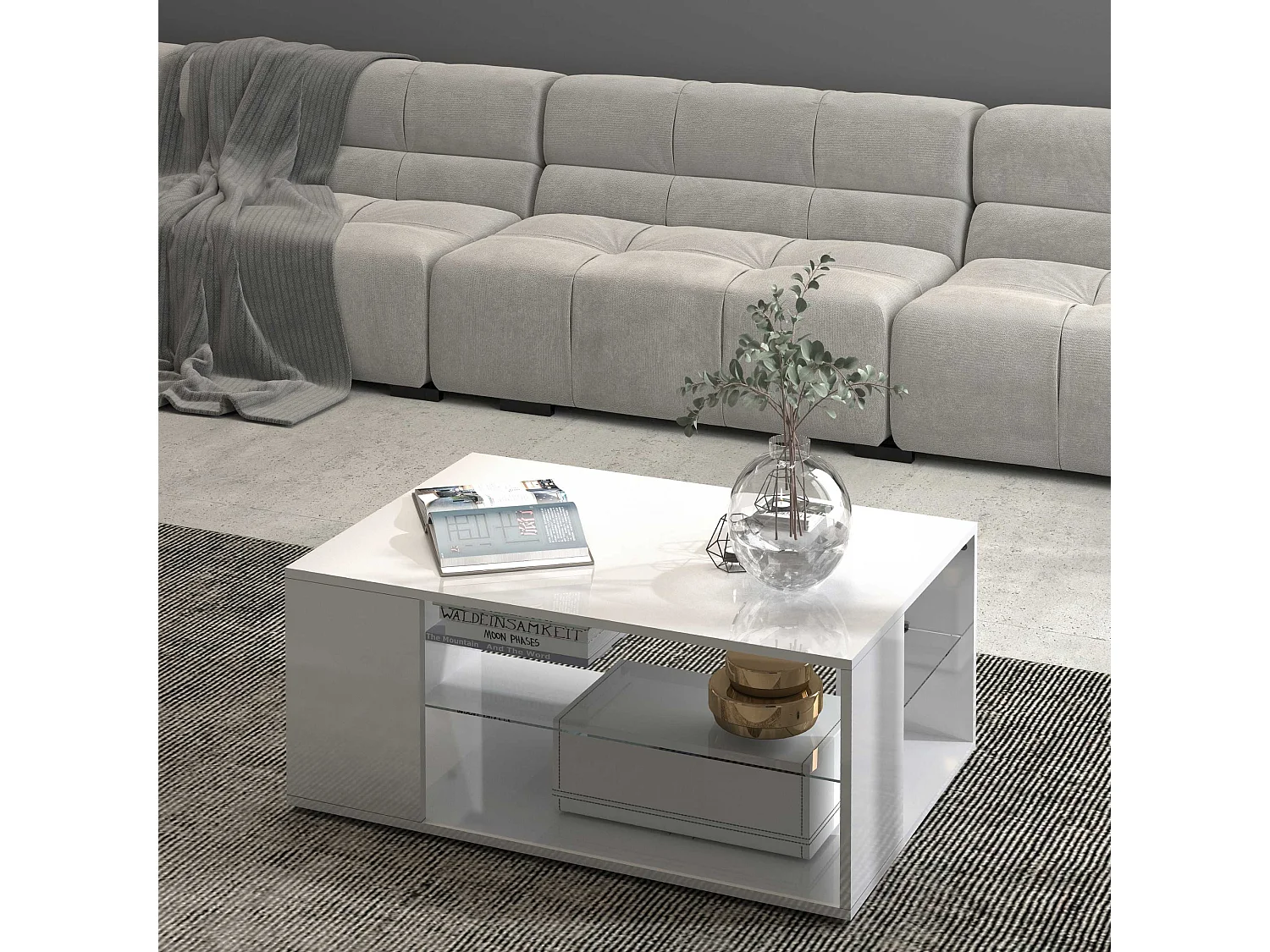 Table basse Egypt avec plateau en verre blanc brillant 90x60x40 cm