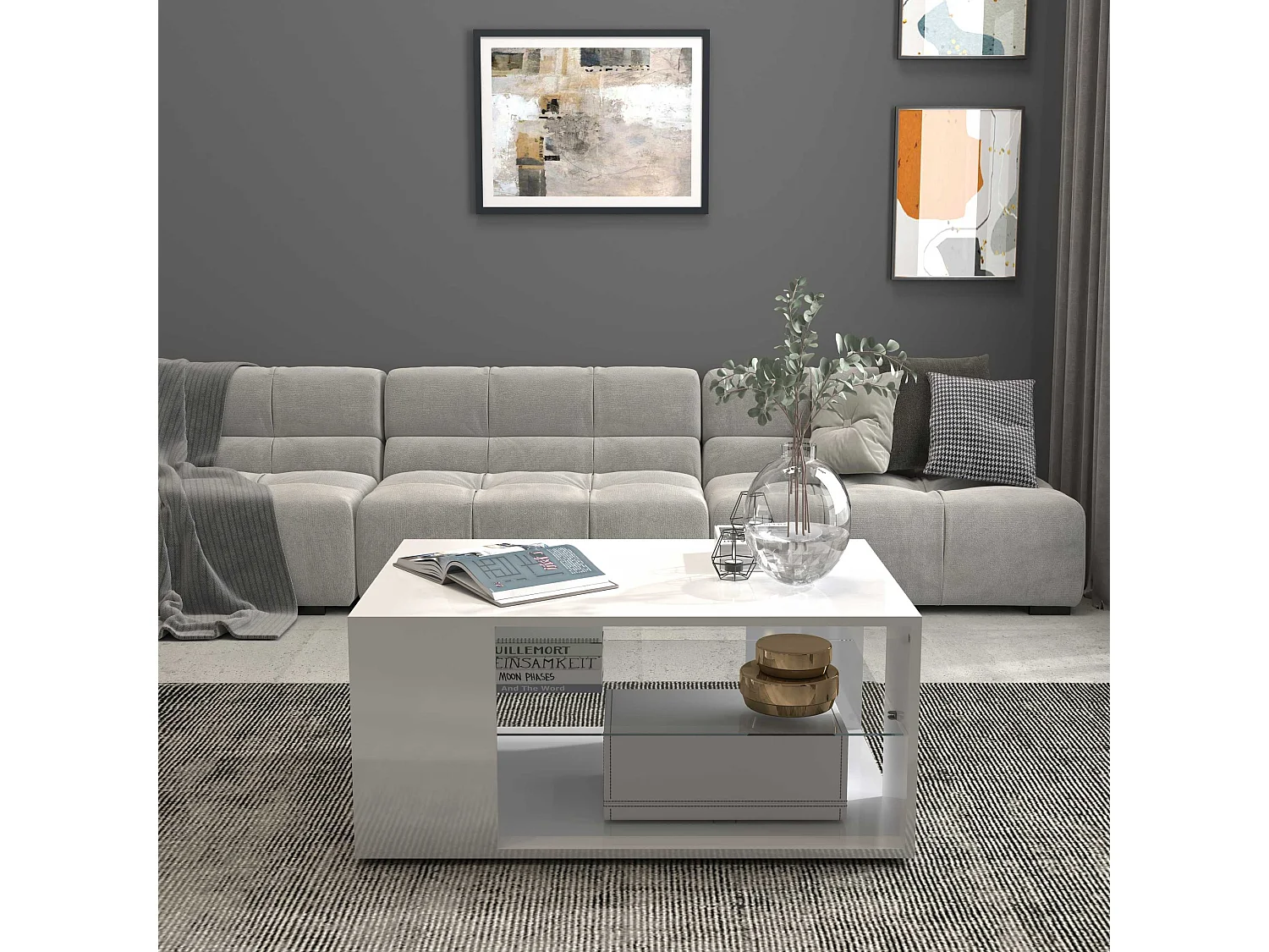 Table basse Egypt avec plateau en verre blanc brillant 90x60x40 cm