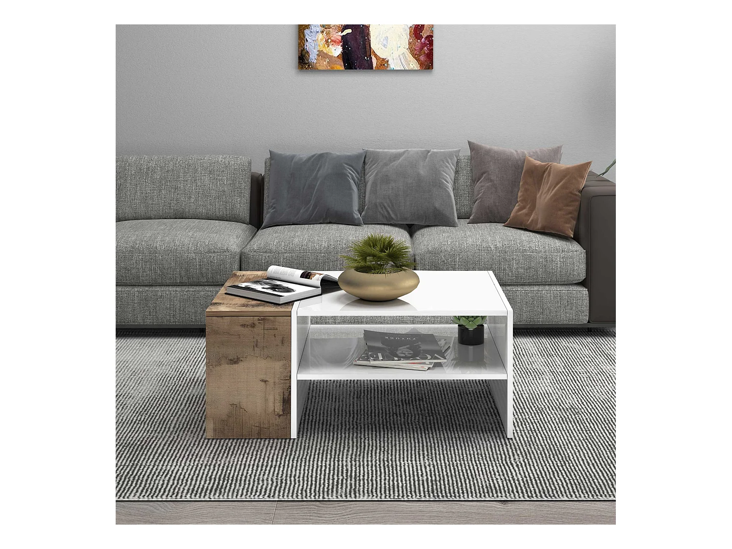 Tavolino da caffè Corona con 1 vano contenitivo bianco e acero pereira 90x60x40 cm