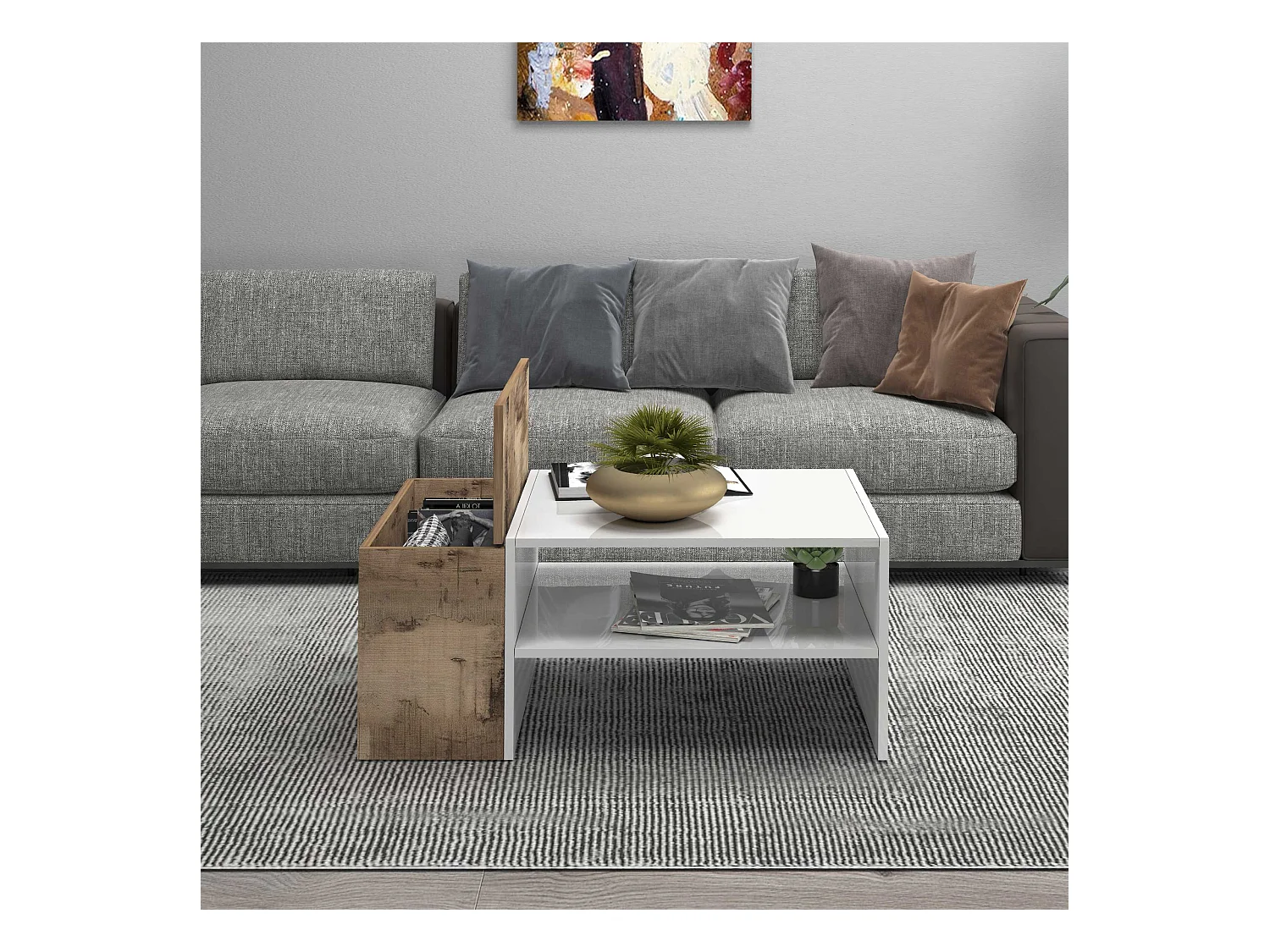 Tavolino da caffè Corona con 1 vano contenitivo bianco e acero pereira 90x60x40 cm