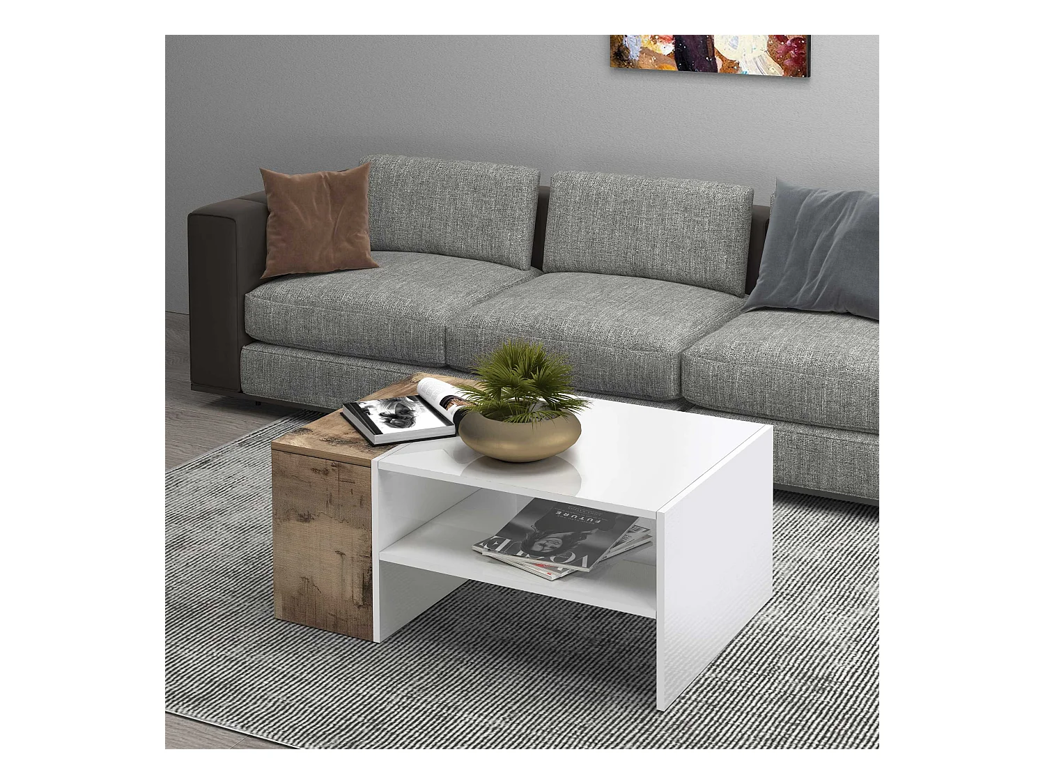 Tavolino da caffè Corona con 1 vano contenitivo bianco e acero pereira 90x60x40 cm