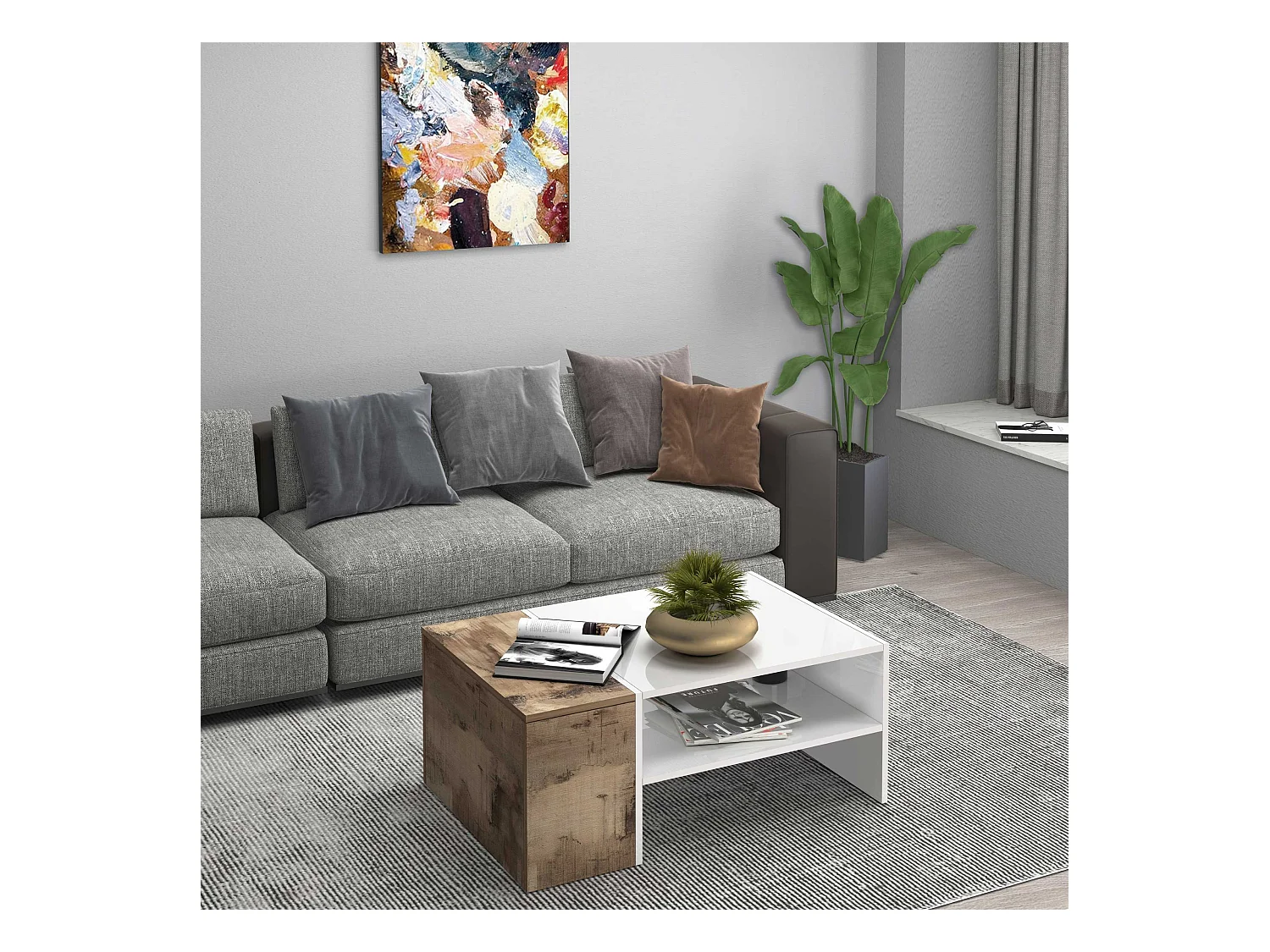 Tavolino da caffè Corona con 1 vano contenitivo bianco e acero pereira 90x60x40 cm