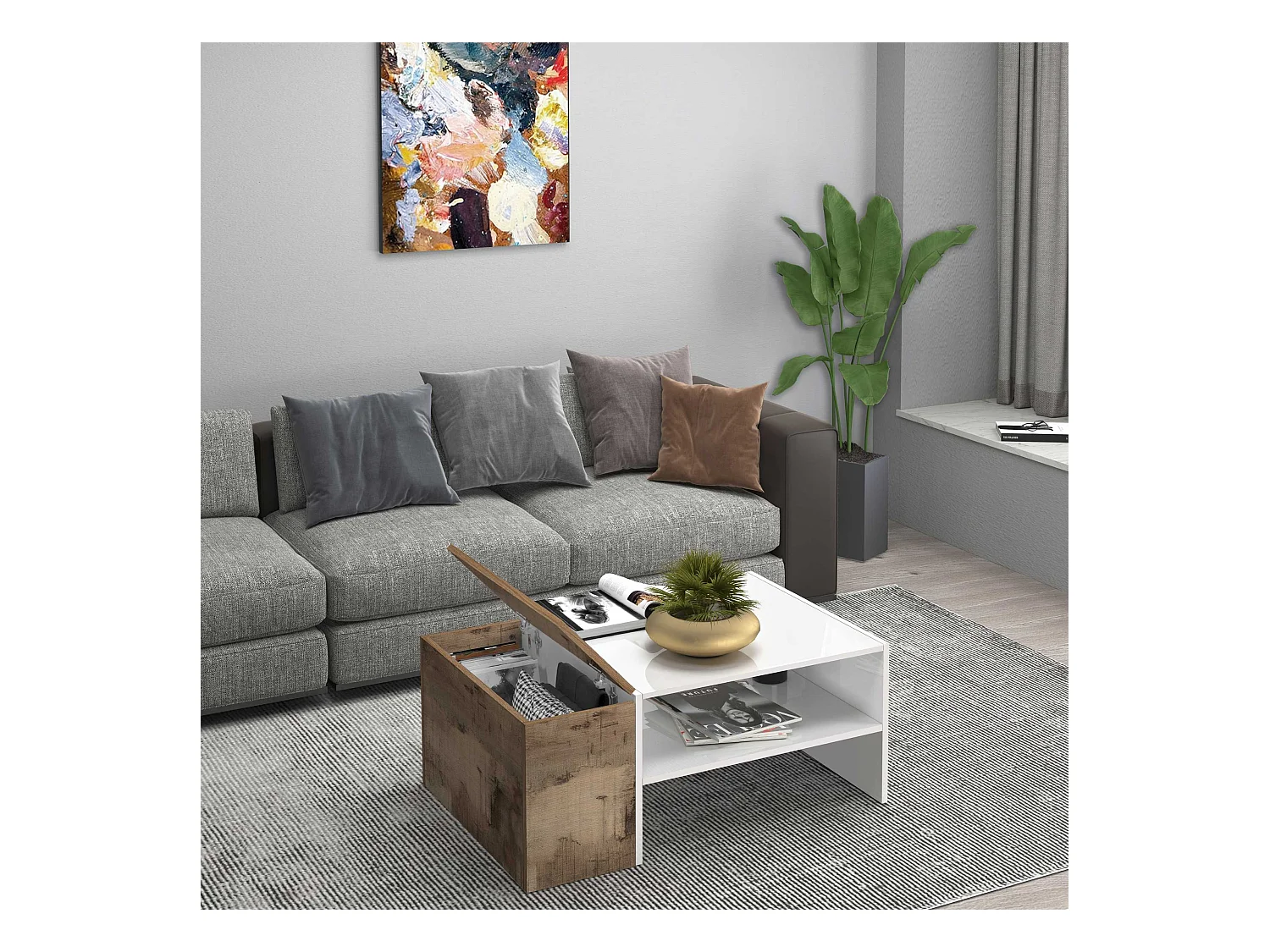 Tavolino da caffè Corona con 1 vano contenitivo bianco e acero pereira 90x60x40 cm