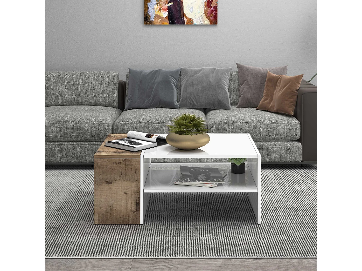 Tavolino da caffè Corona con 1 vano contenitivo bianco e acero pereira 90x60x40 cm