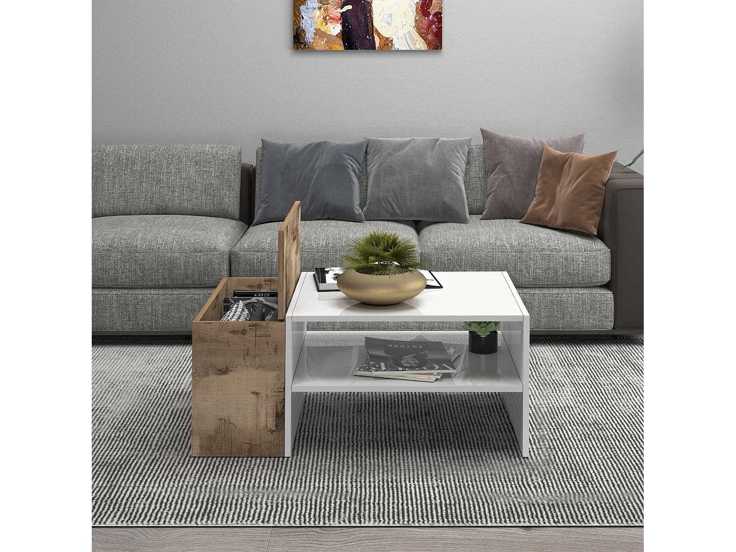 Tavolino da caffè Corona con 1 vano contenitivo bianco e acero pereira 90x60x40 cm