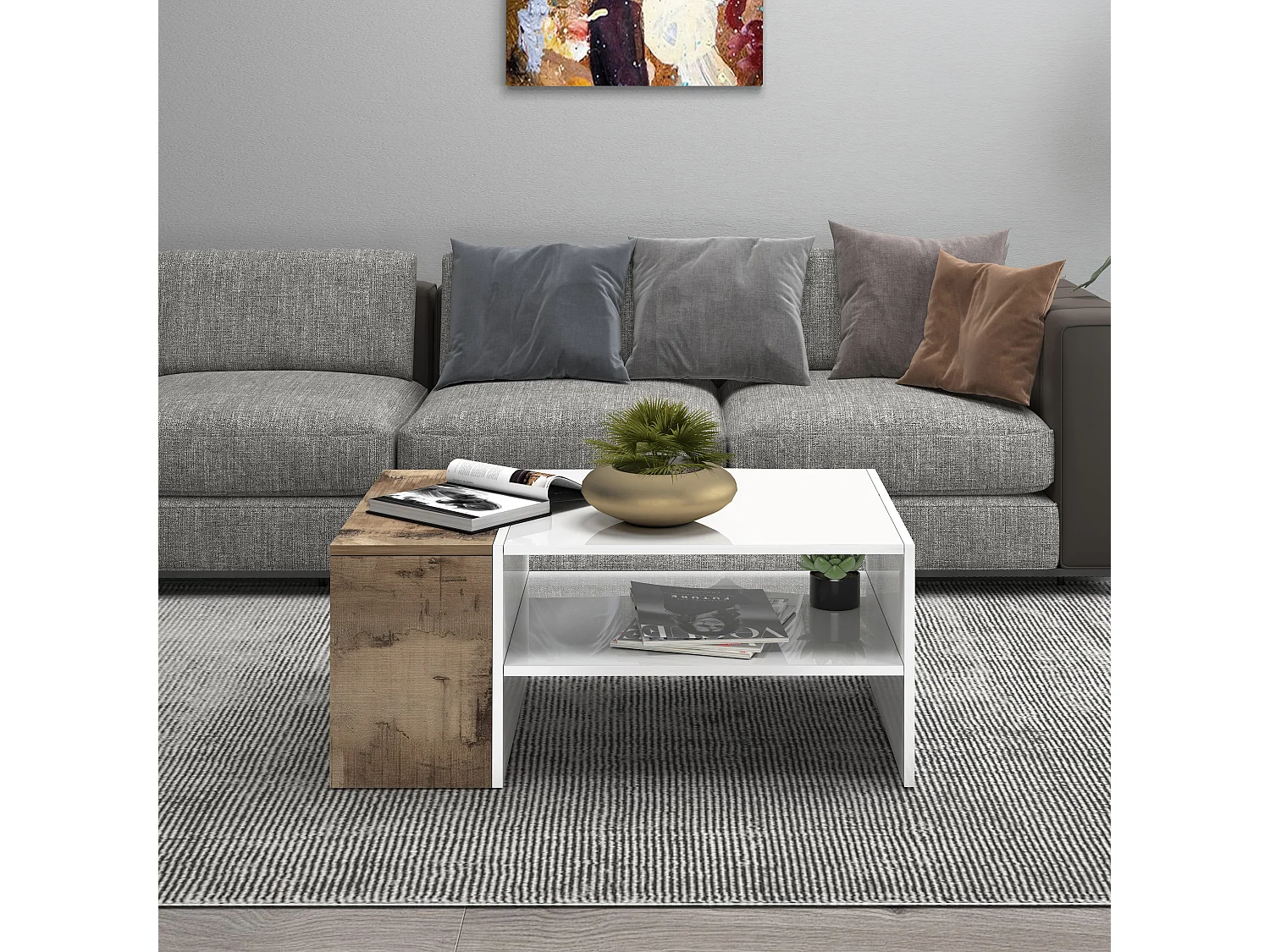 Mesa de centro Corona con 1 compartimento de almacenamiento blanco y arce pereira 90x60x40 cm