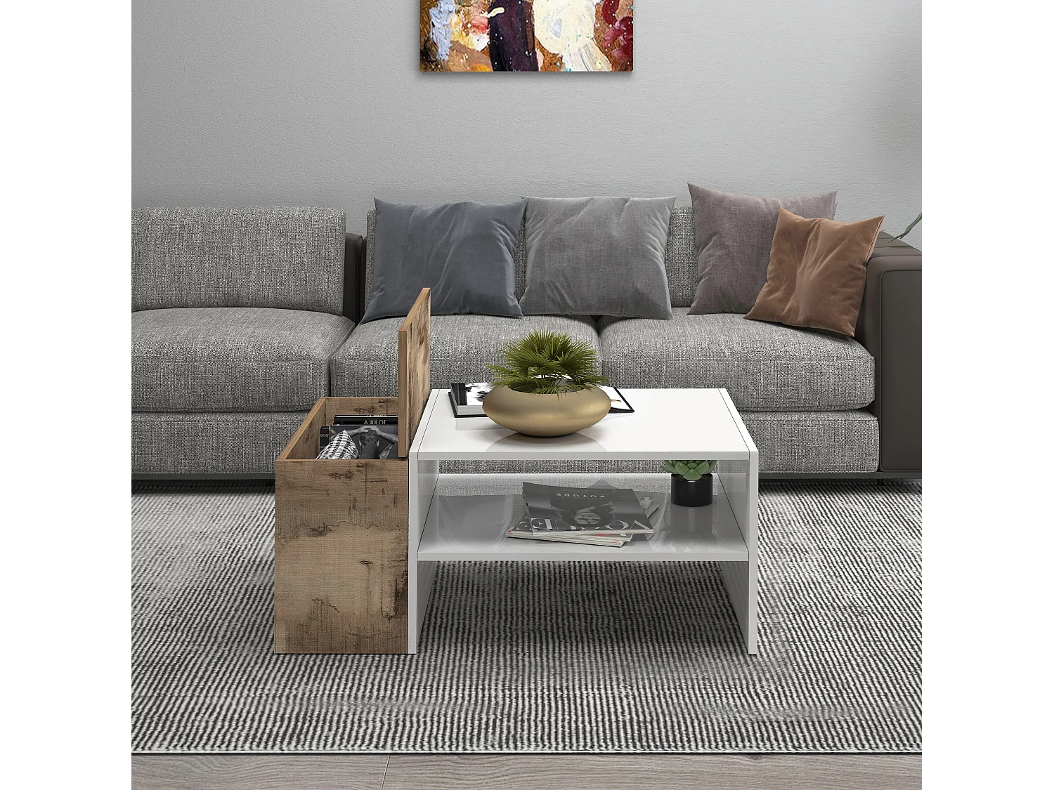 Mesa de centro Corona con 1 compartimento de almacenamiento blanco y arce pereira 90x60x40 cm