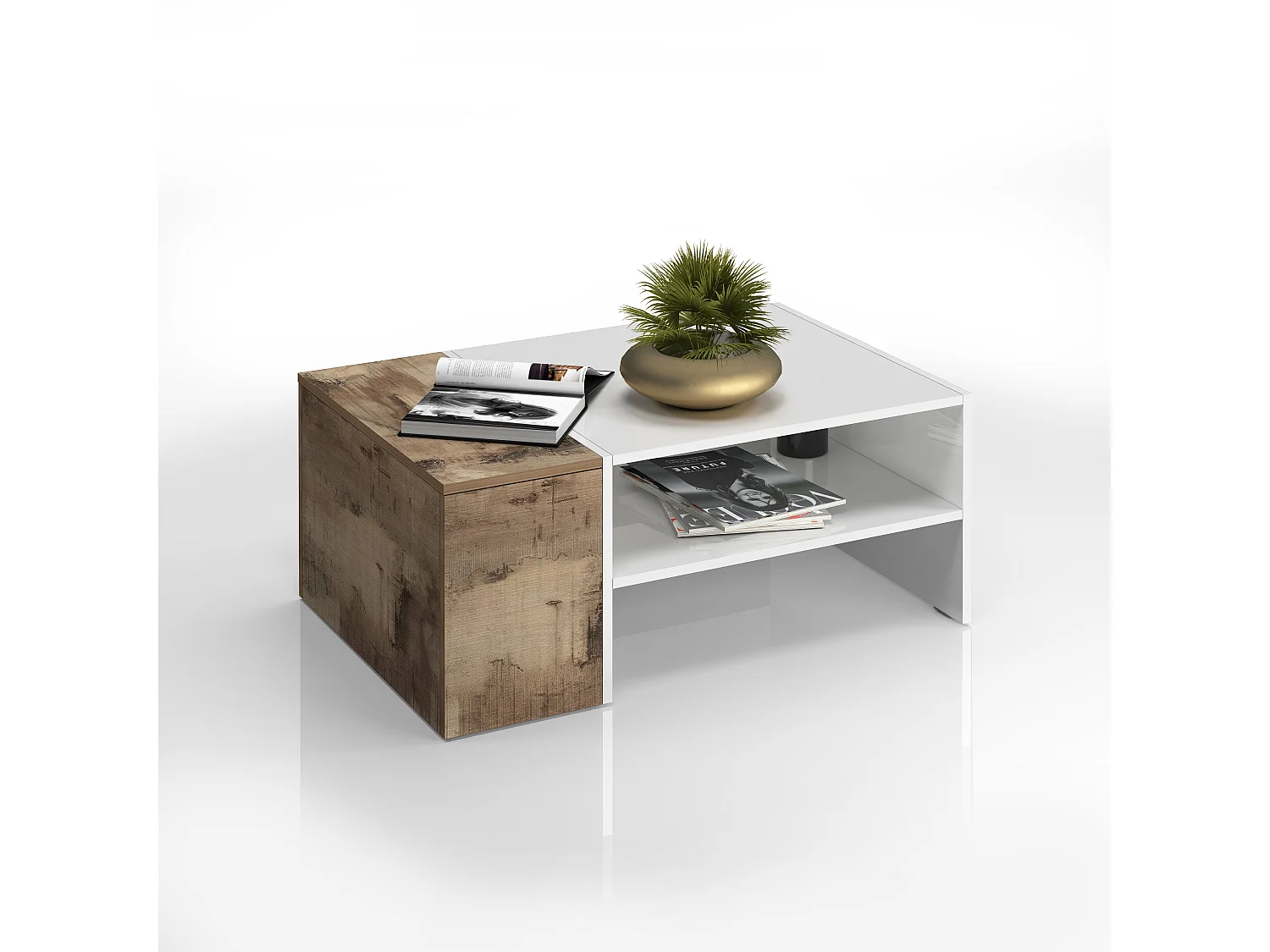Mesa de centro Corona con 1 compartimento de almacenamiento blanco y arce pereira 90x60x40 cm