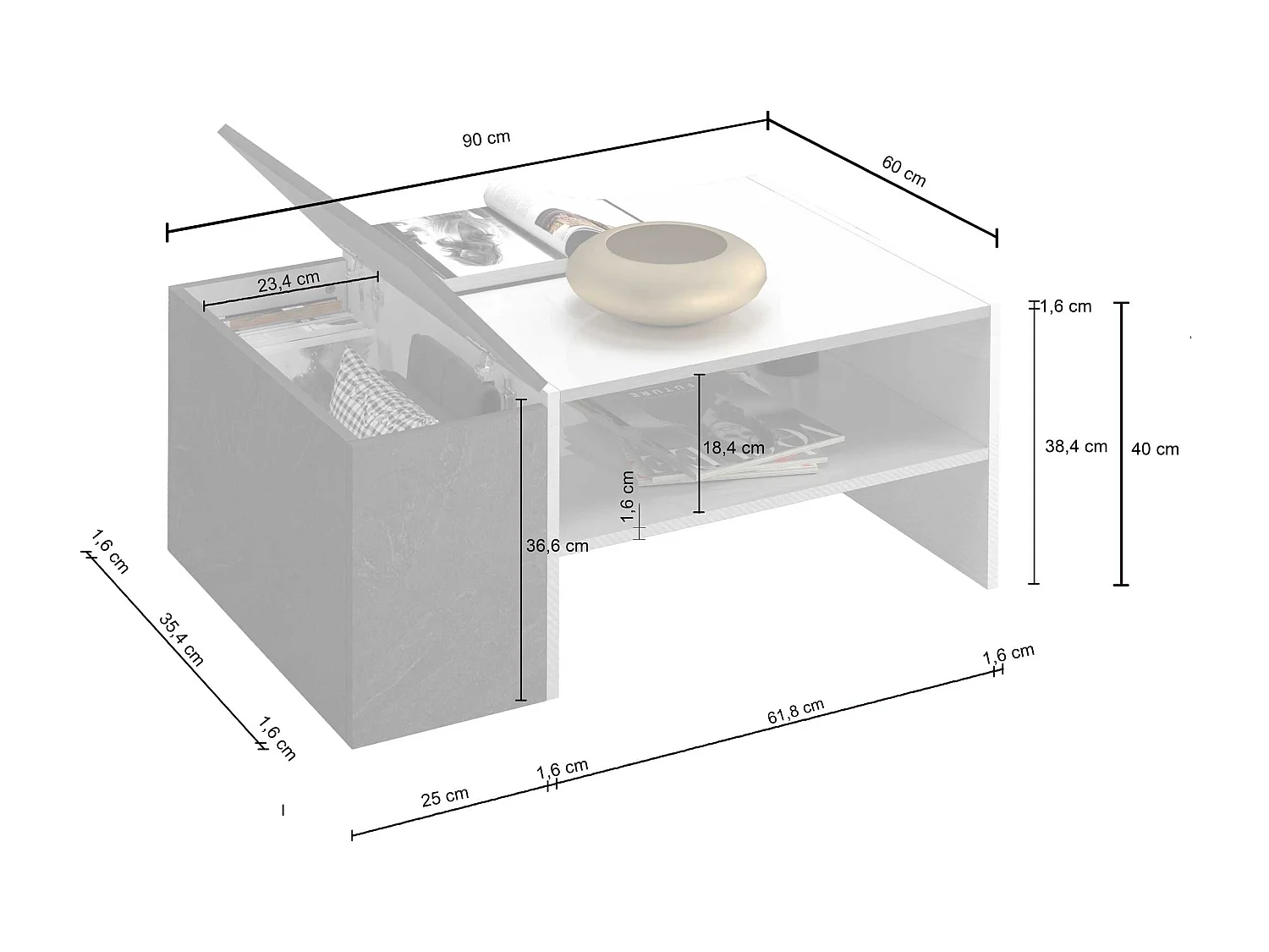 Mesa de centro Corona con 1 compartimento de almacenamiento blanco y arce pereira 90x60x40 cm