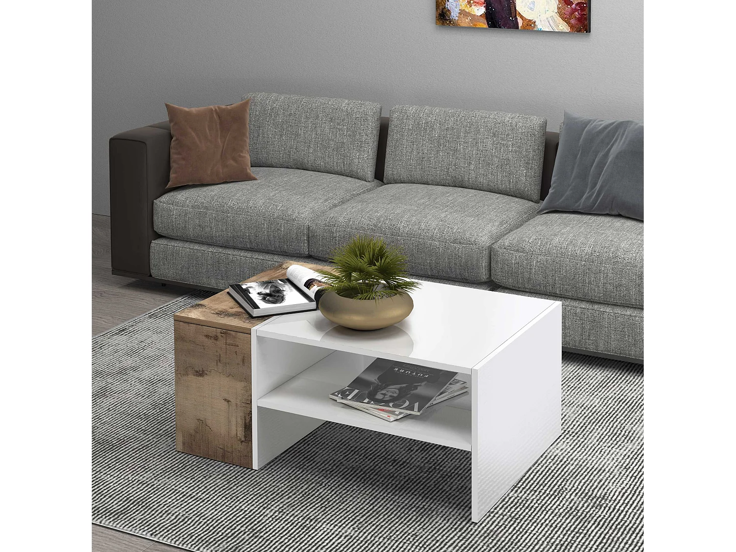 Mesa de centro Corona con 1 compartimento de almacenamiento blanco y arce pereira 90x60x40 cm