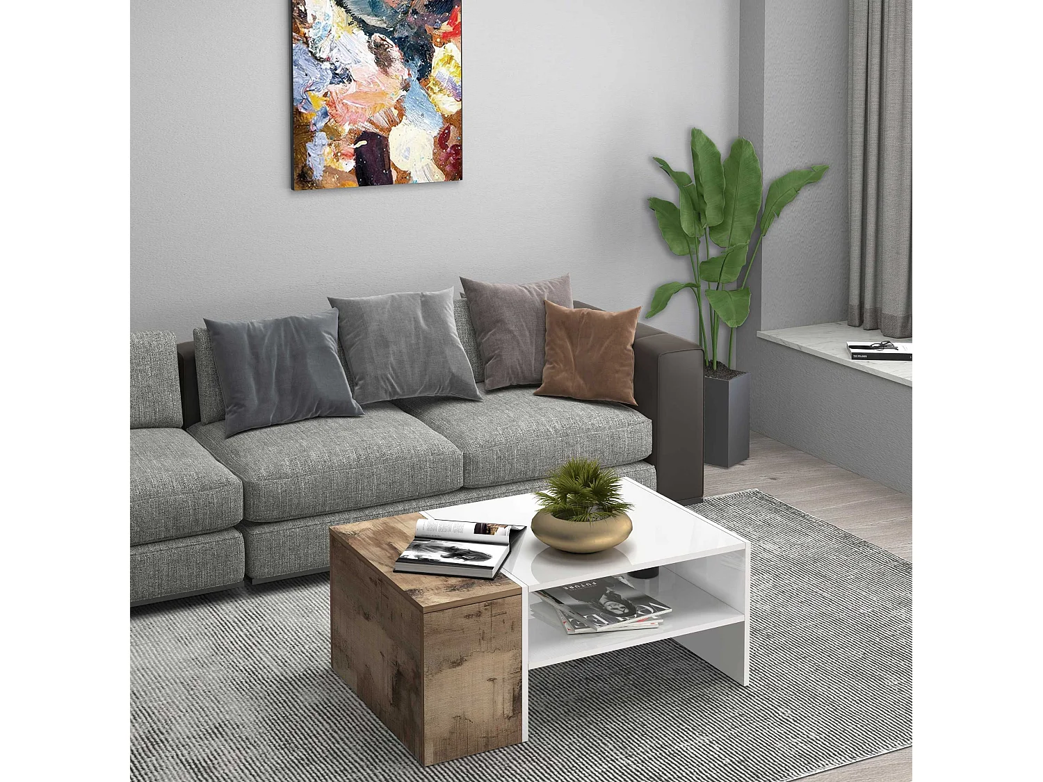 Mesa de centro Corona con 1 compartimento de almacenamiento blanco y arce pereira 90x60x40 cm