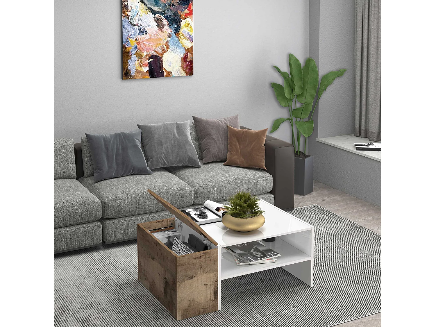 Mesa de centro Corona con 1 compartimento de almacenamiento blanco y arce pereira 90x60x40 cm