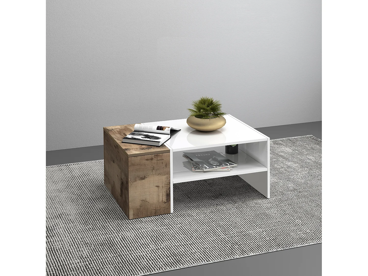 Mesa de centro Corona con 1 compartimento de almacenamiento blanco y arce pereira 90x60x40 cm