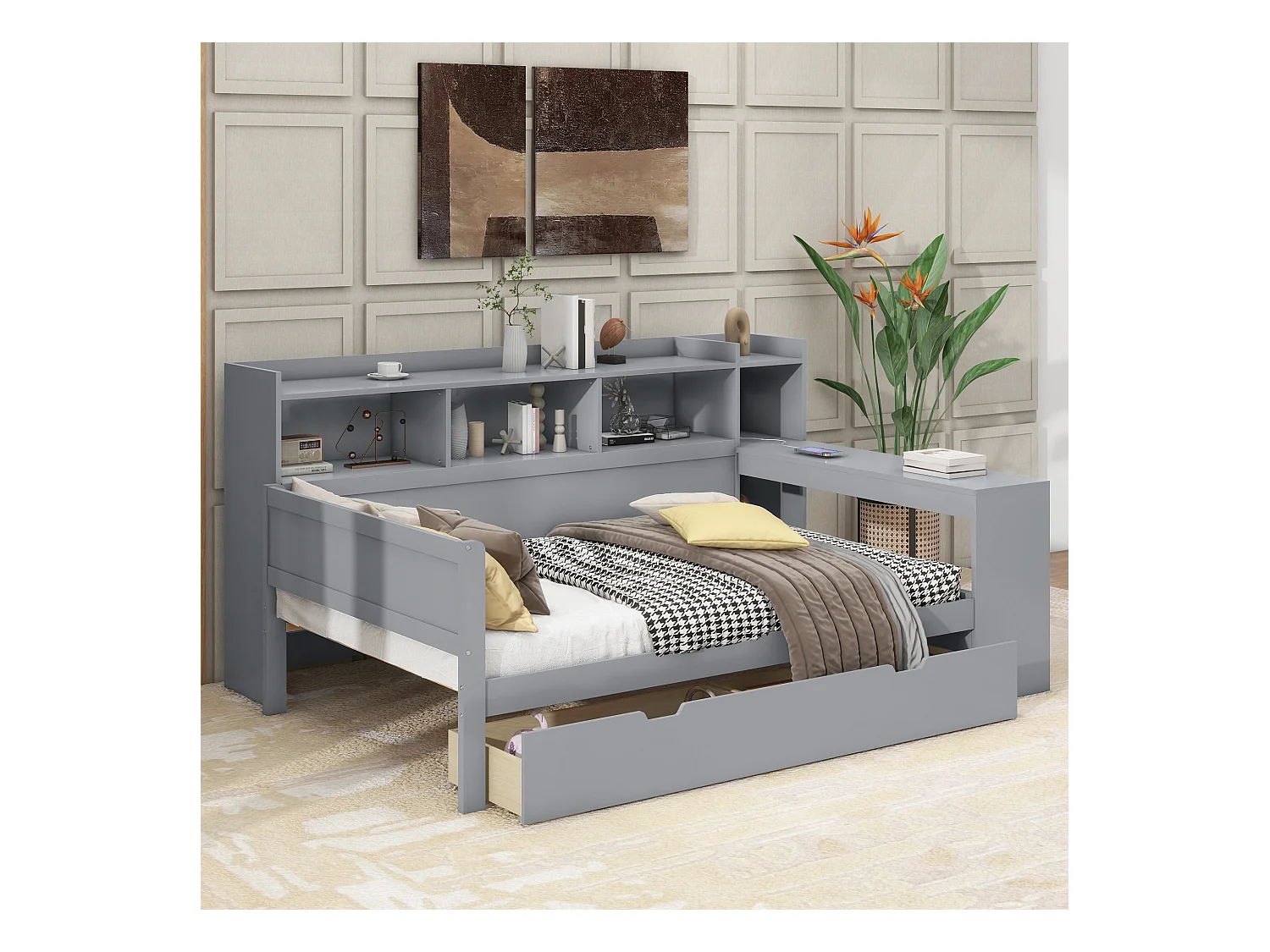 Lit banquette 90x200 cm gris, avec bureau, 2 tiroirs, table de chevet intégrée, prise et port USB, sans matelas