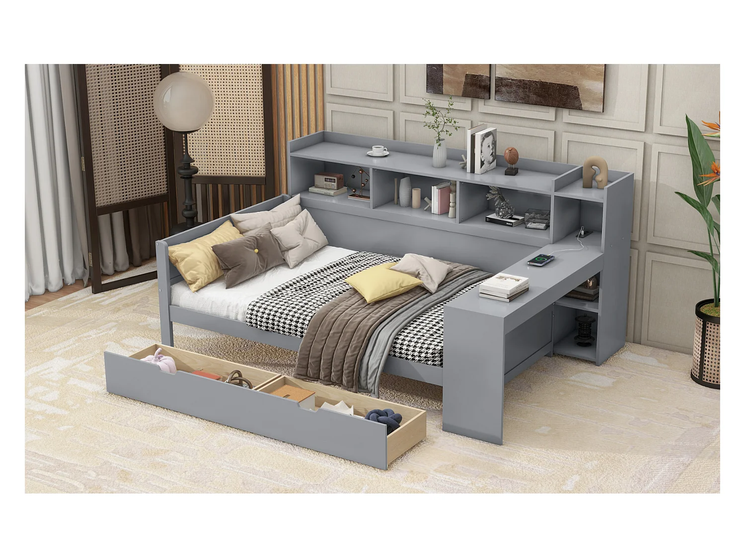 Lit banquette 90x200 cm gris, avec bureau, 2 tiroirs, table de chevet intégrée, prise et port USB, sans matelas