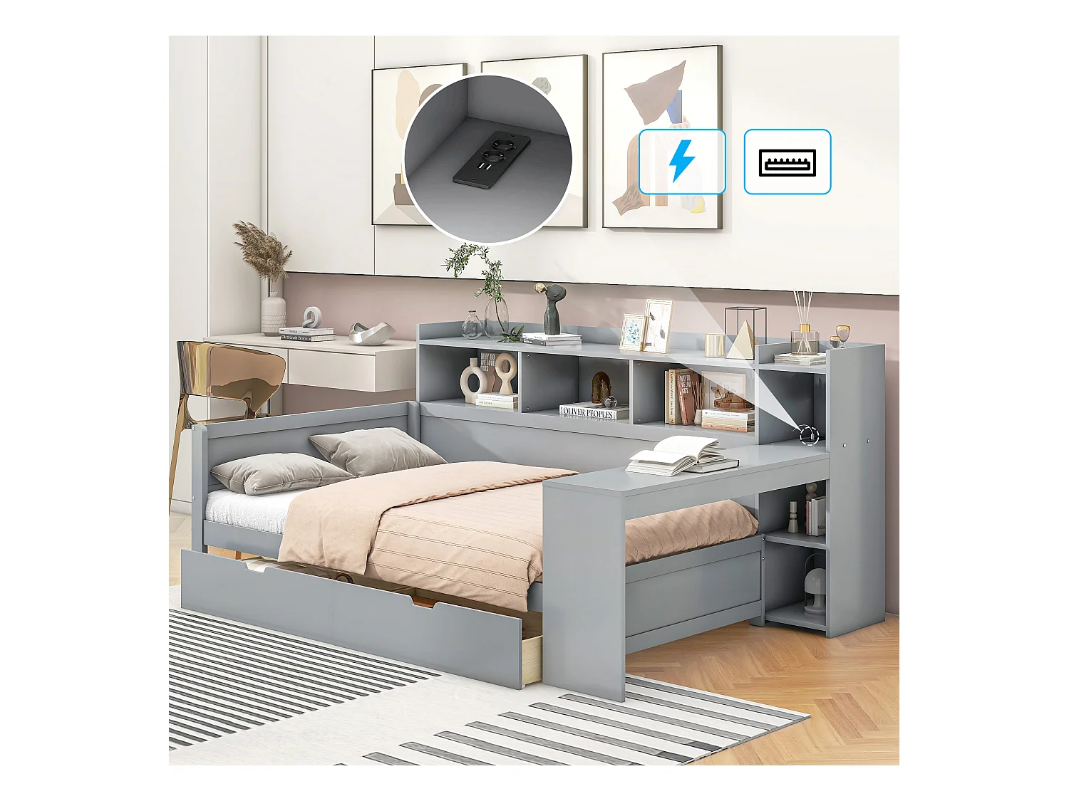 Lit banquette 90x200 cm gris, avec bureau, 2 tiroirs, table de chevet intégrée, prise et port USB, sans matelas