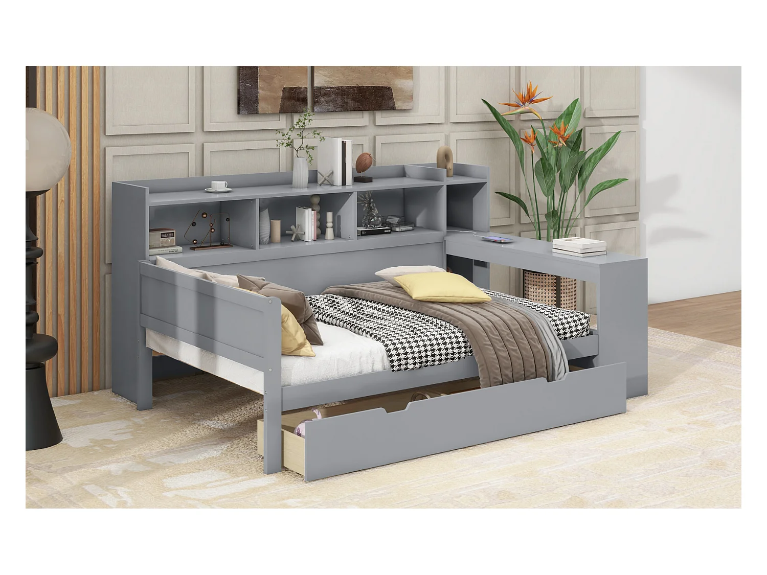 Lit banquette 90x200 cm gris, avec bureau, 2 tiroirs, table de chevet intégrée, prise et port USB, sans matelas