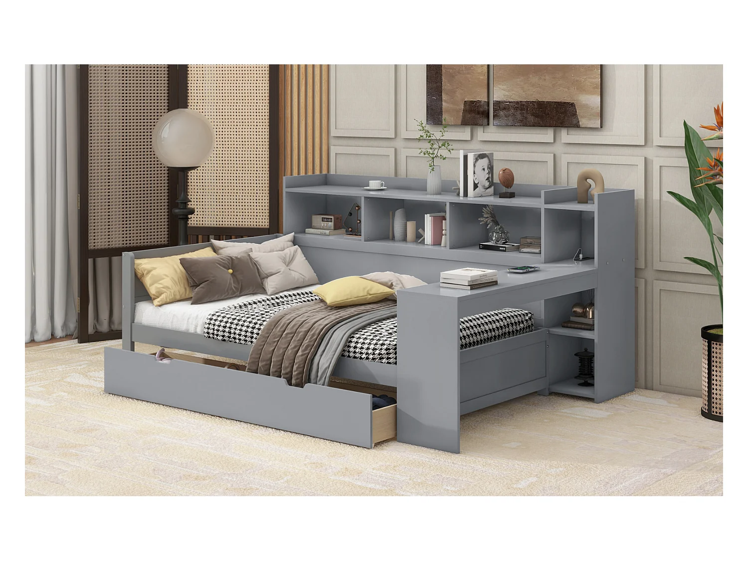 Lit banquette 90x200 cm gris, avec bureau, 2 tiroirs, table de chevet intégrée, prise et port USB, sans matelas