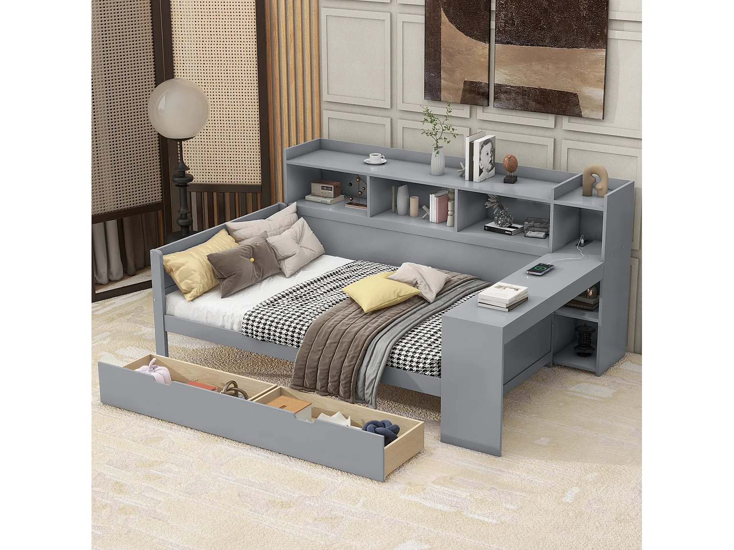 Lit banquette 90x200 cm gris, avec bureau, 2 tiroirs, table de chevet intégrée, prise et port USB, sans matelas