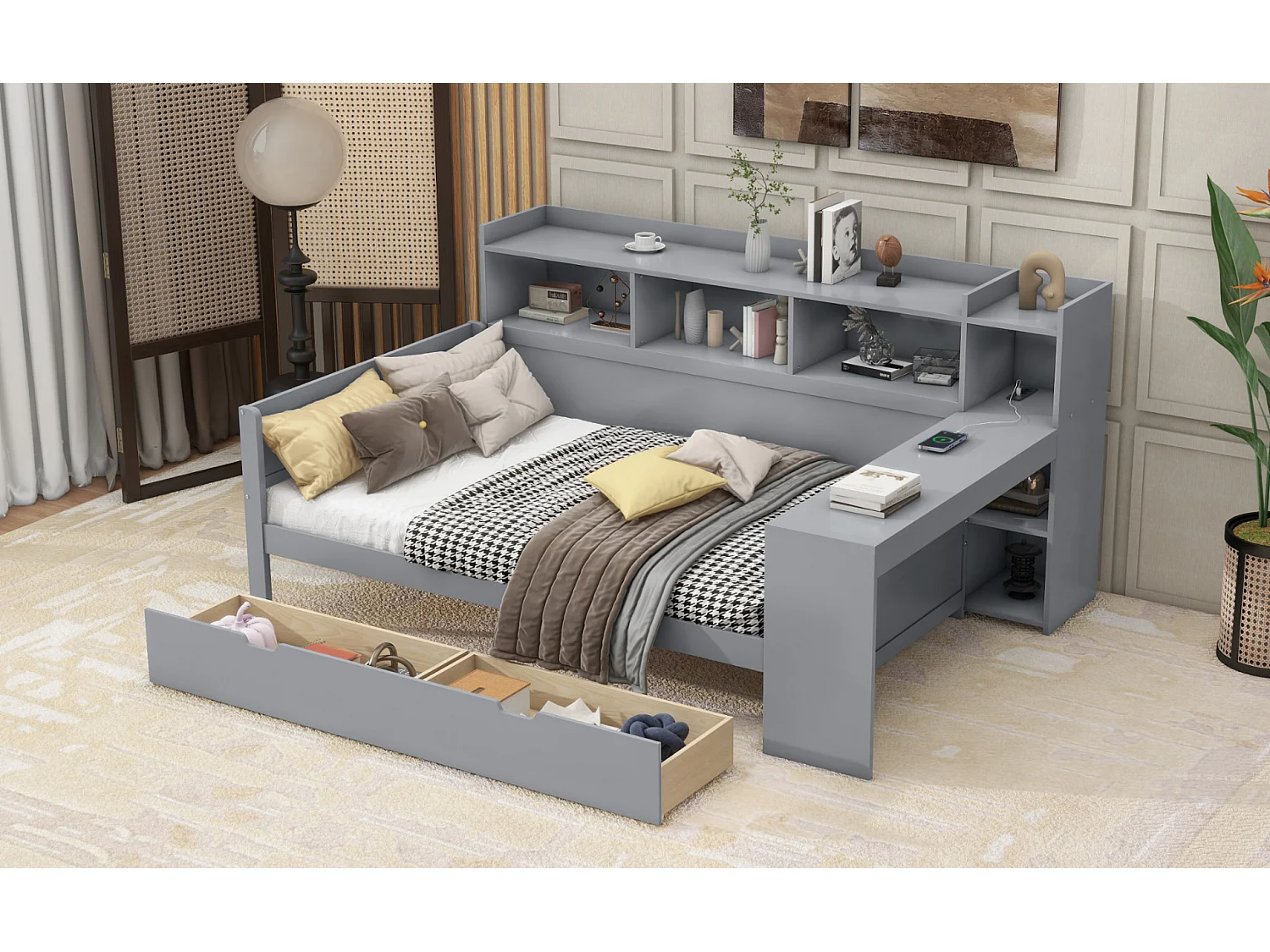 Lit banquette 90x200 cm gris, avec bureau, 2 tiroirs, table de chevet intégrée, prise et port USB, sans matelas