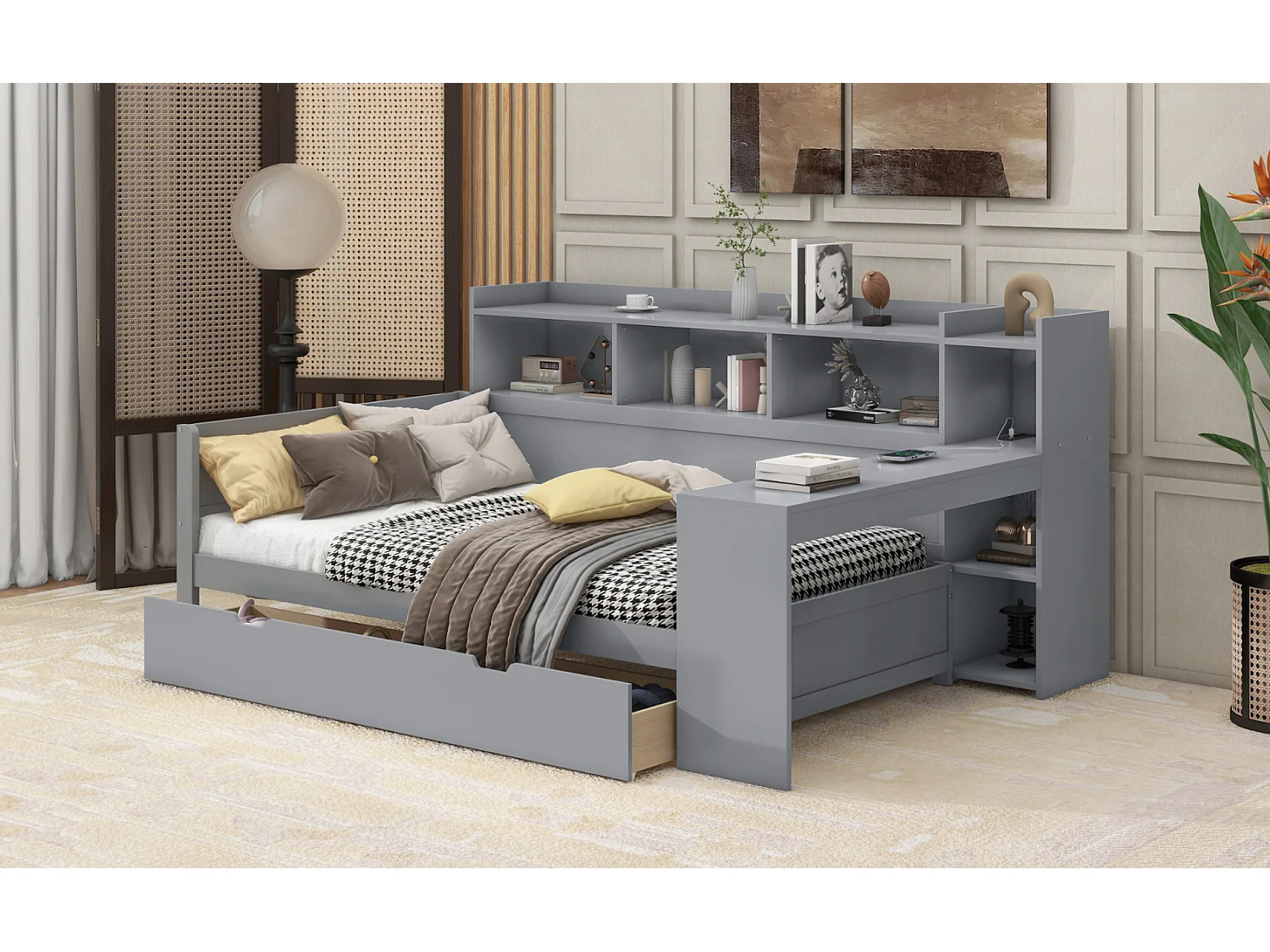 Lit banquette 90x200 cm gris, avec bureau, 2 tiroirs, table de chevet intégrée, prise et port USB, sans matelas