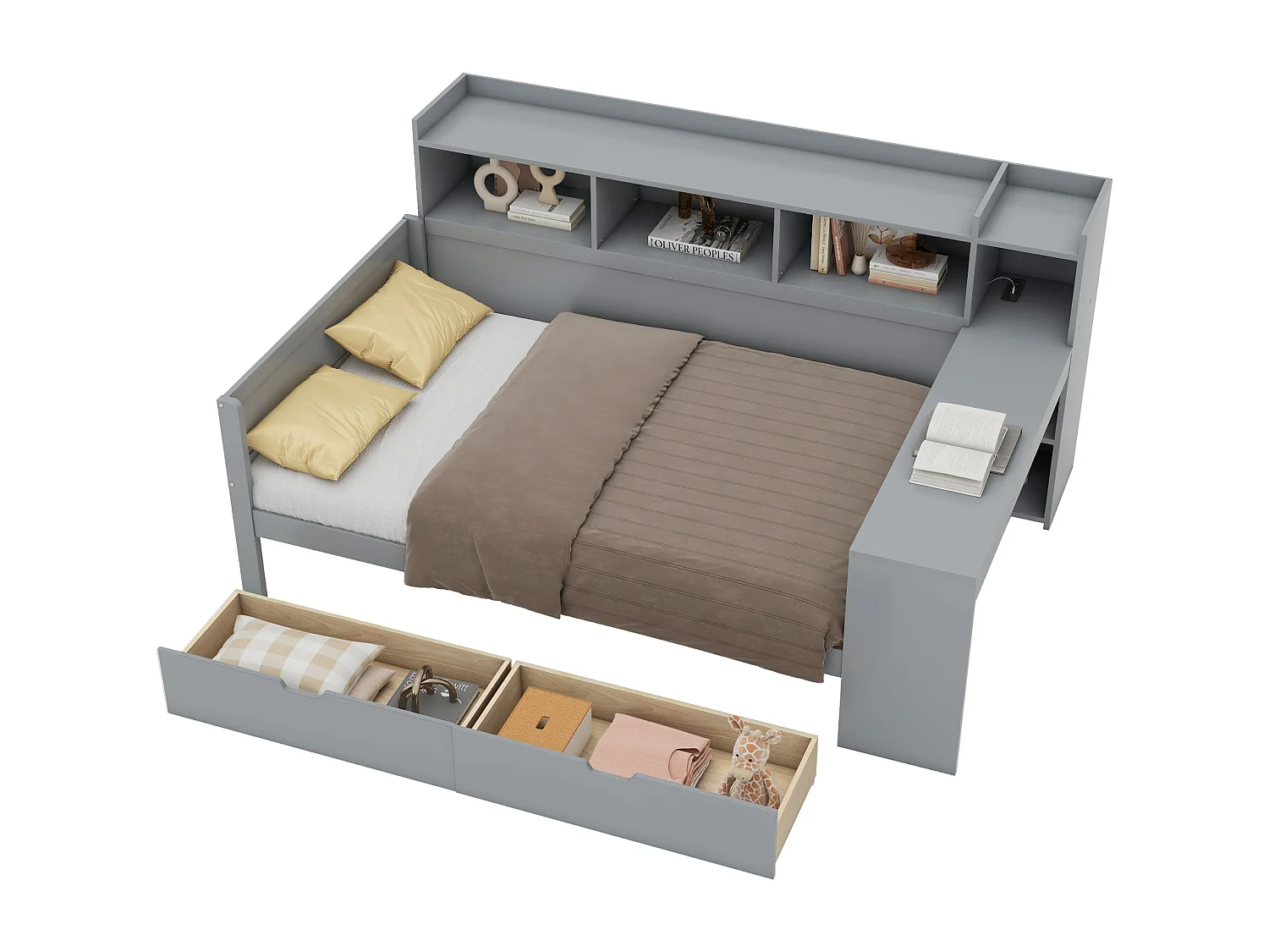 Lit banquette 90x200 cm gris, avec bureau, 2 tiroirs, table de chevet intégrée, prise et port USB, sans matelas