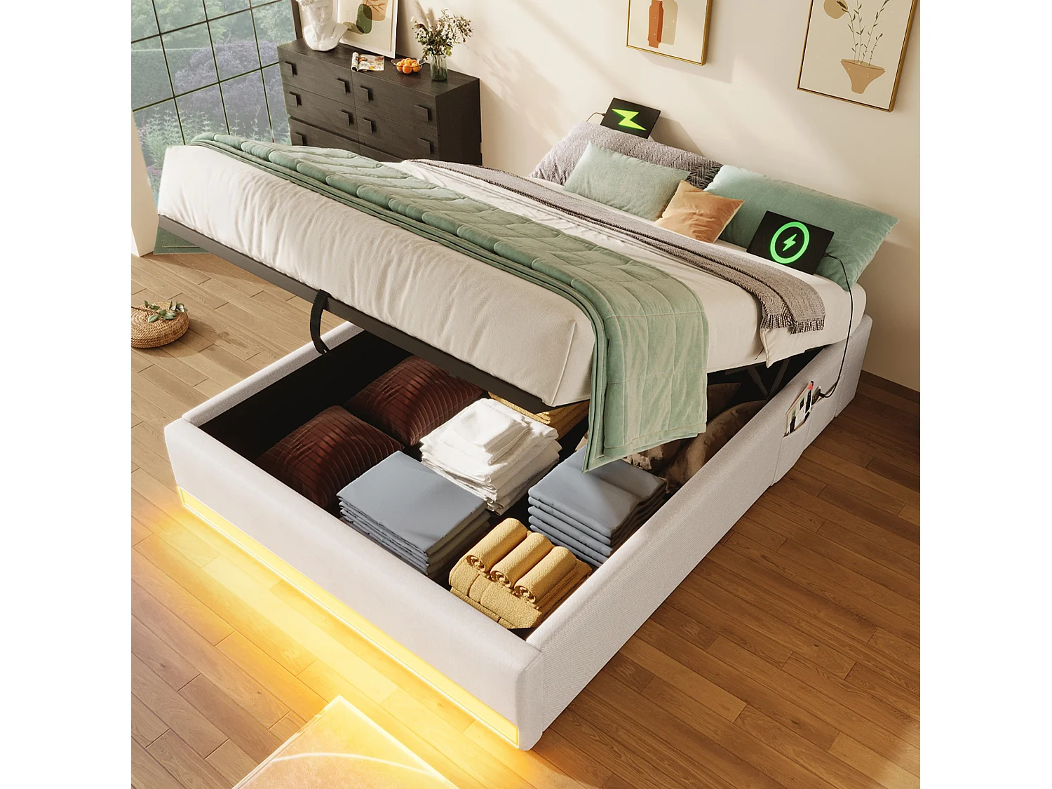 Lit rembourré 90x200 cm, LED télécommandée, USB + Type-C, petites poches de rangement, sans tête de lit, fonction de stockage hydraulique, sans matelas, Beige