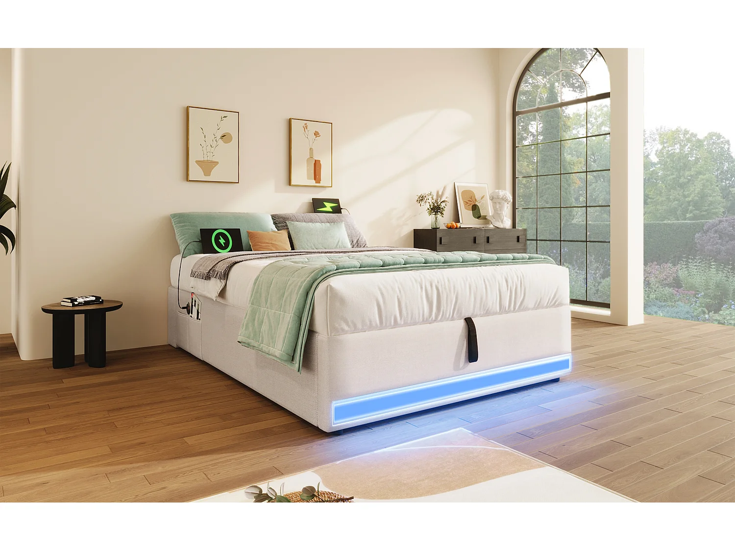 Lit rembourré 90x200 cm, LED télécommandée, USB + Type-C, petites poches de rangement, sans tête de lit, fonction de stockage hydraulique, sans matelas, Beige