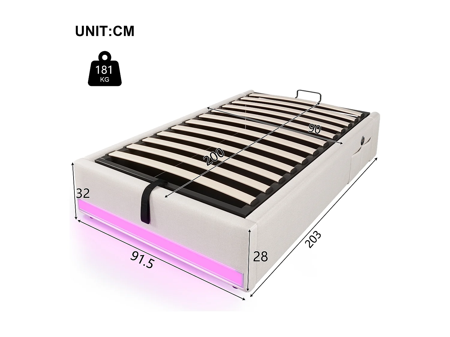 Lit rembourré 90x200 cm, LED télécommandée, USB + Type-C, petites poches de rangement, sans tête de lit, fonction de stockage hydraulique, sans matelas, Beige