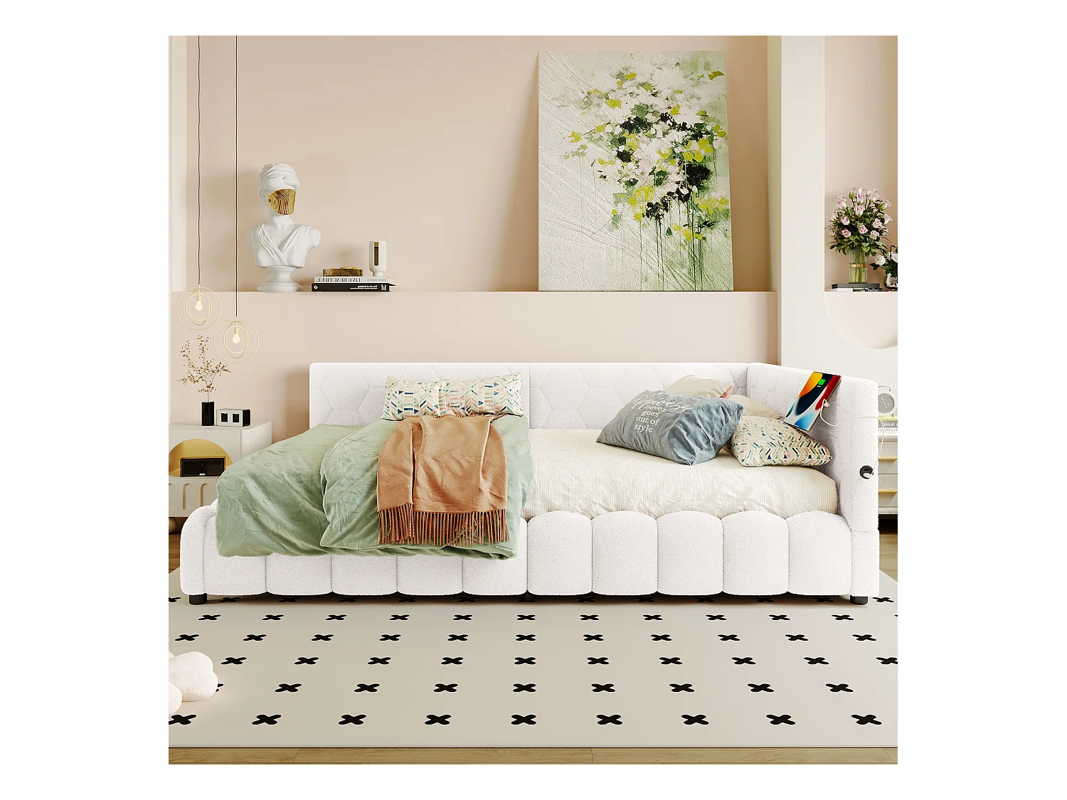 Canapé-lit 140x200 cm avec sommier, bande LED, levage hydraulique, ports USB et Type-C, tissu doux, blanc