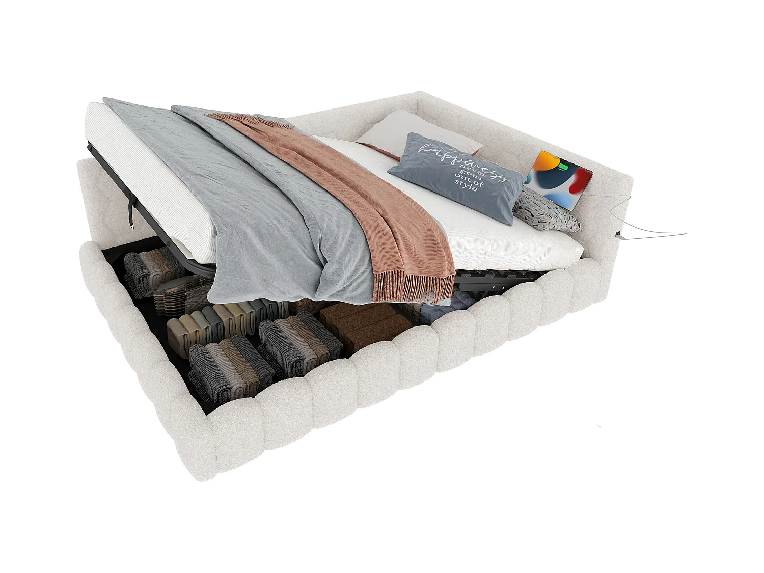 Canapé-lit 140x200 cm avec sommier, bande LED, levage hydraulique, ports USB et Type-C, tissu doux, blanc