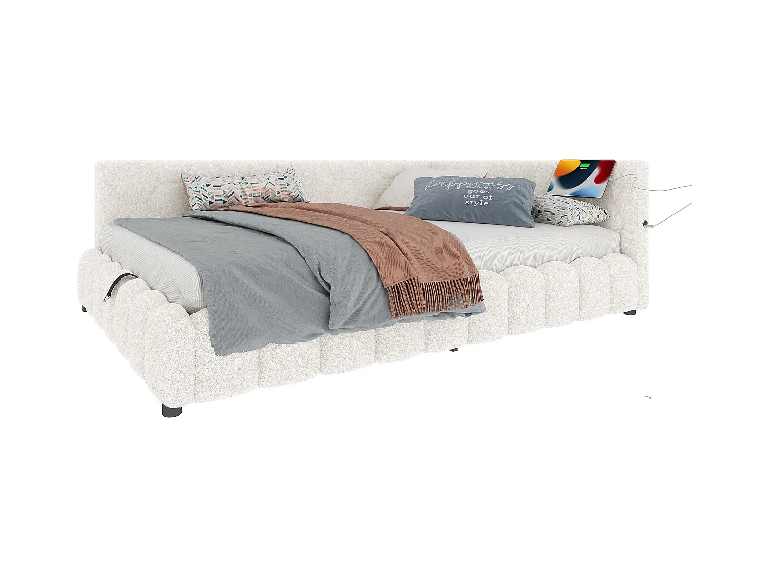 Canapé-lit 140x200 cm avec sommier, bande LED, levage hydraulique, ports USB et Type-C, tissu doux, blanc