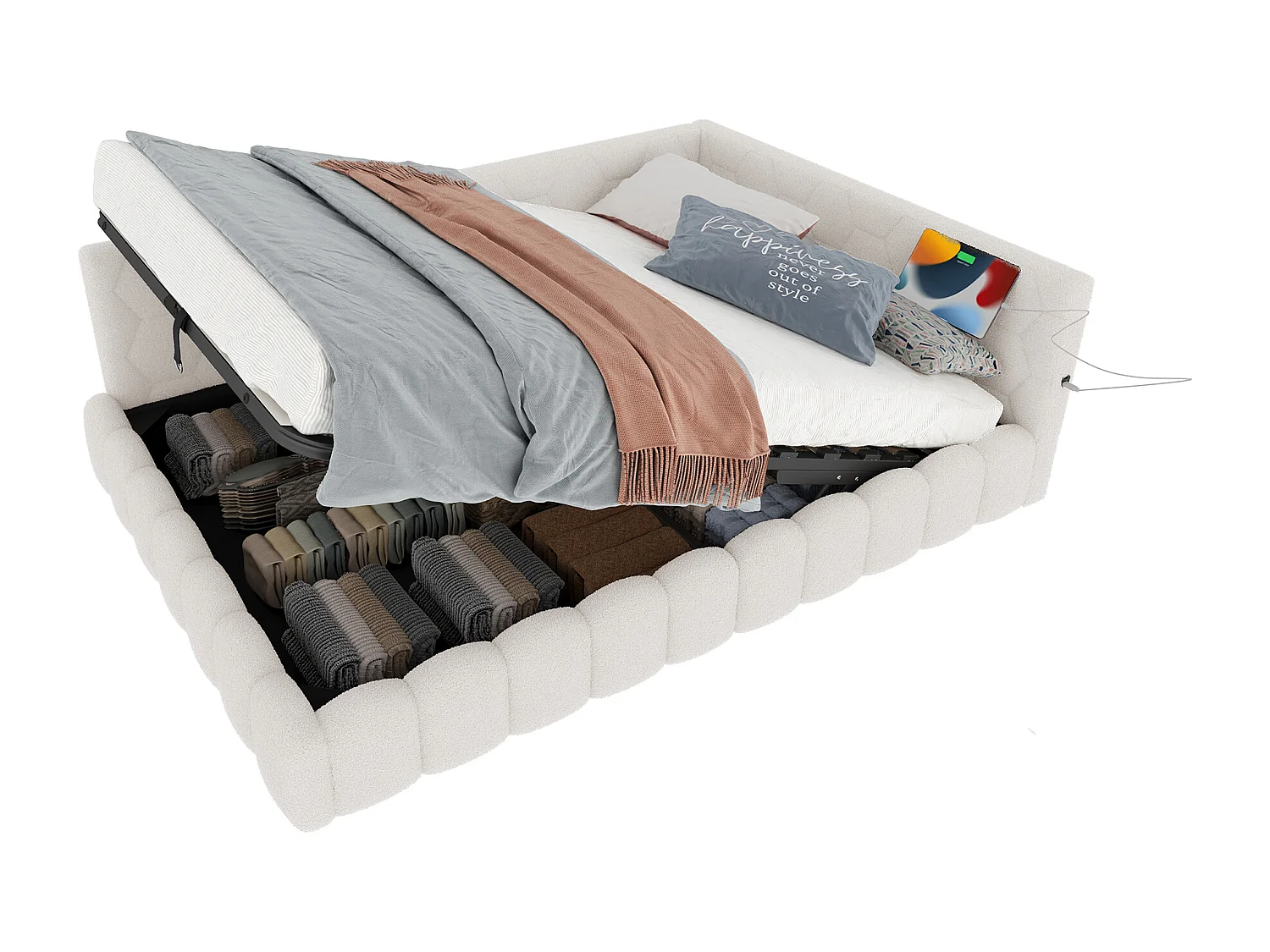 Canapé-lit 140x200 cm avec sommier, bande LED, levage hydraulique, ports USB et Type-C, tissu doux, blanc