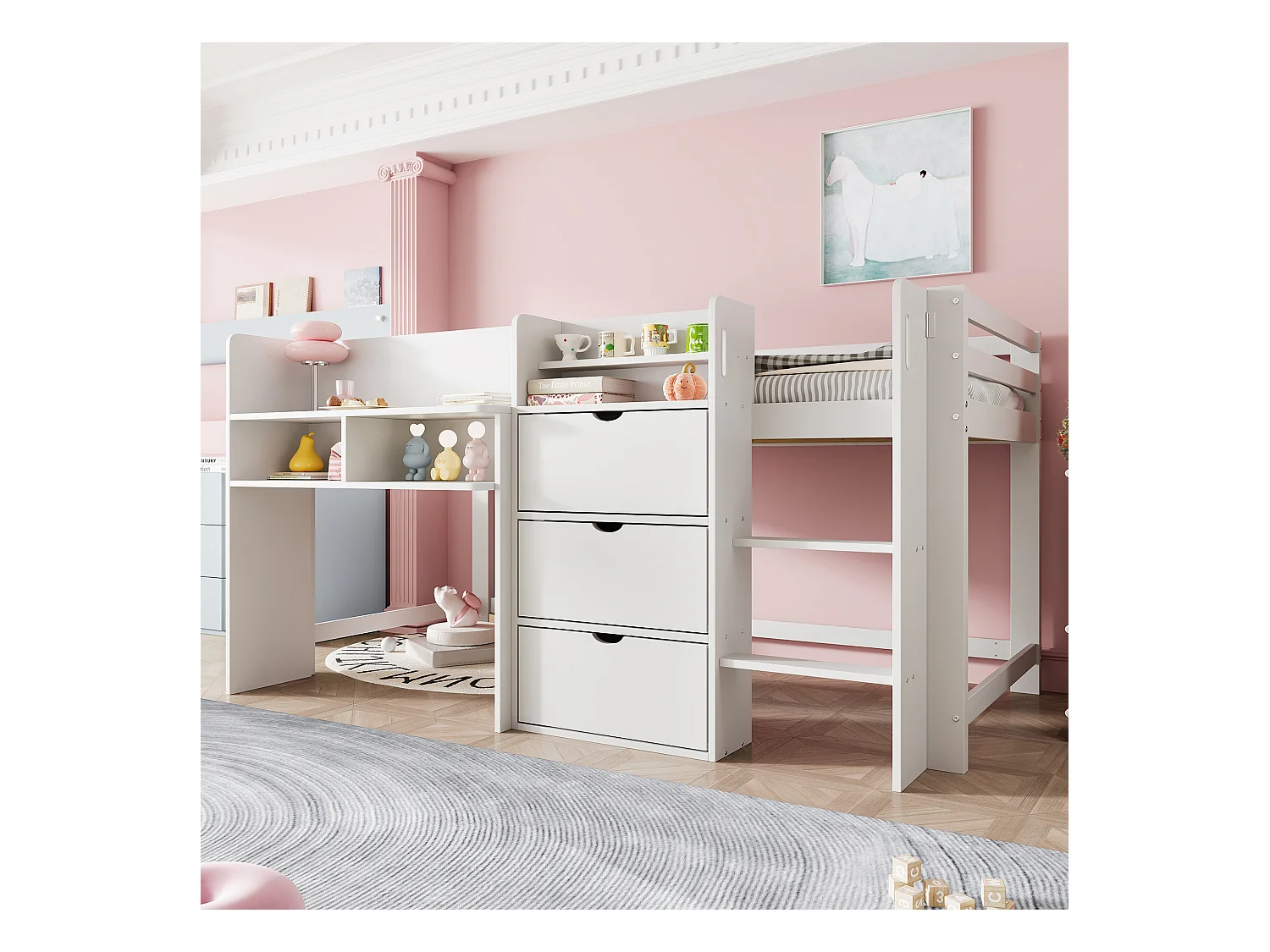 Lit mi-hauteur 90x200 cm en forme de maison avec plusieurs espaces de rangement, coin divertissement sous le lit, sans matelas, Blanc